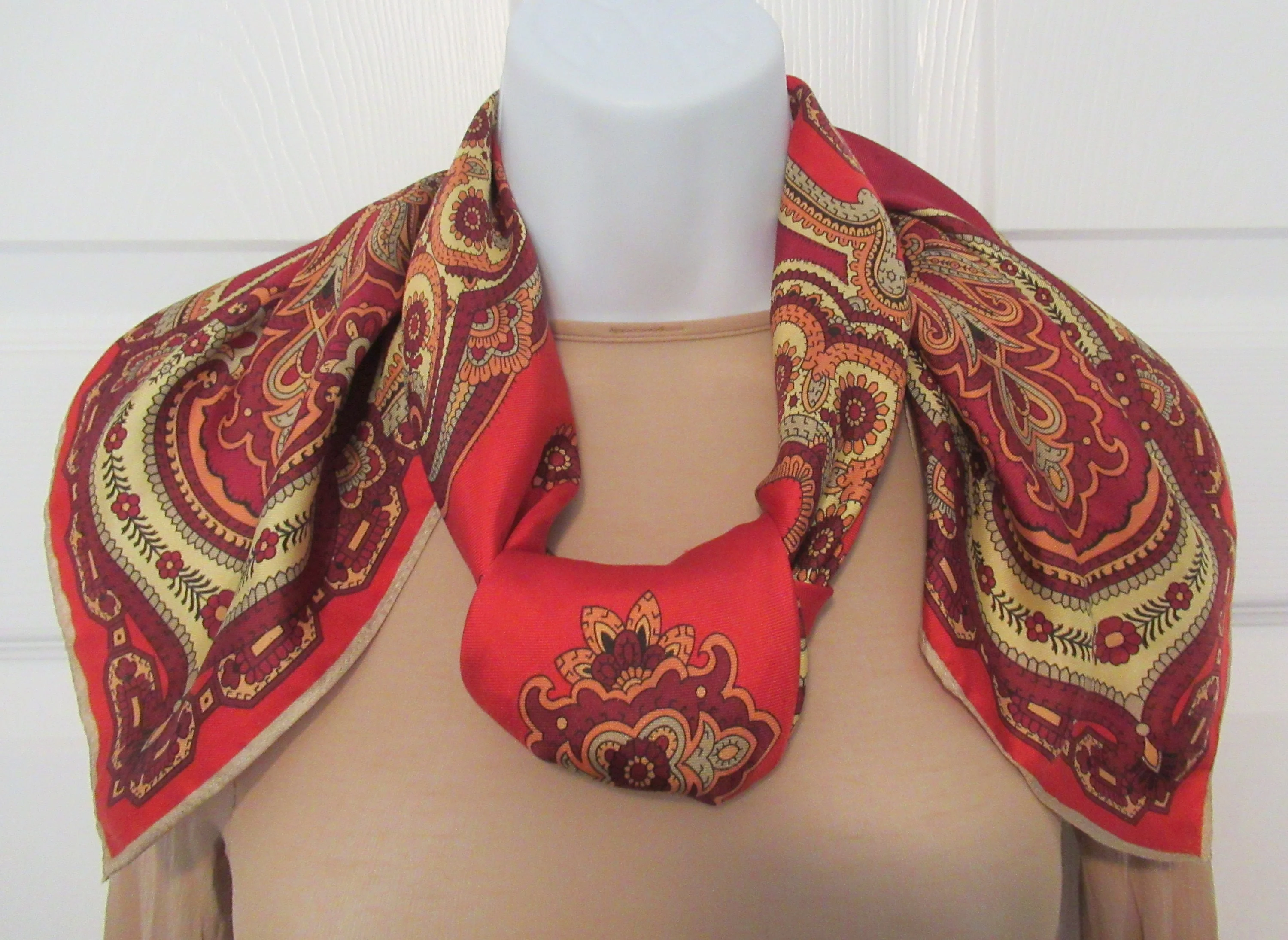 Lot of 2 Square Scarves Both with Rolled Hemmed Edge 1 Ann Taylor Red Paisley 1 Symphony Black and White Polka Dot with Lined Border Vtg - Image 3