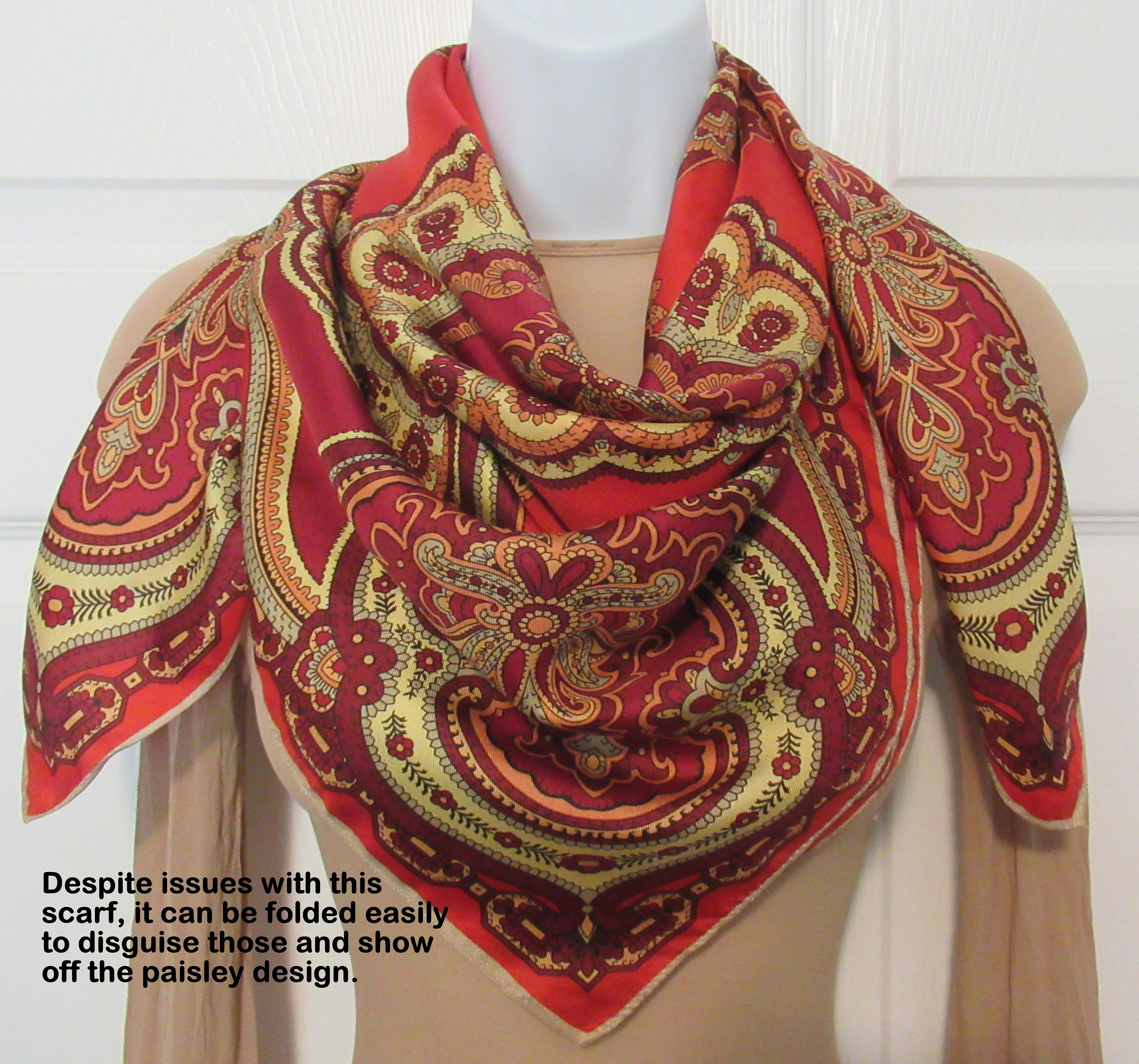 Lot of 2 Square Scarves Both with Rolled Hemmed Edge 1 Ann Taylor Red Paisley 1 Symphony Black and White Polka Dot with Lined Border Vtg - Image 5