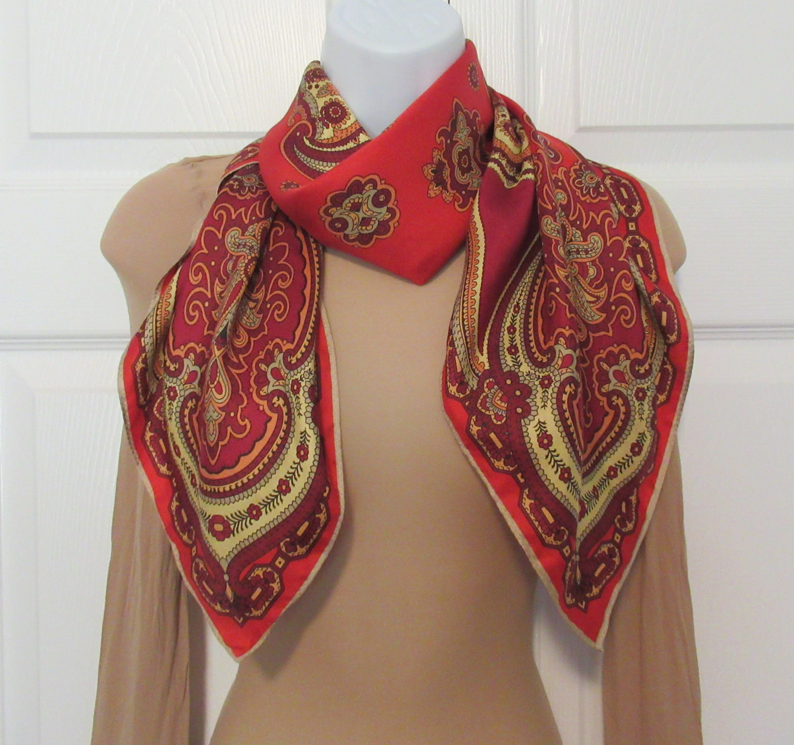 Lot of 2 Square Scarves Both with Rolled Hemmed Edge 1 Ann Taylor Red Paisley 1 Symphony Black and White Polka Dot with Lined Border Vtg - Image 6