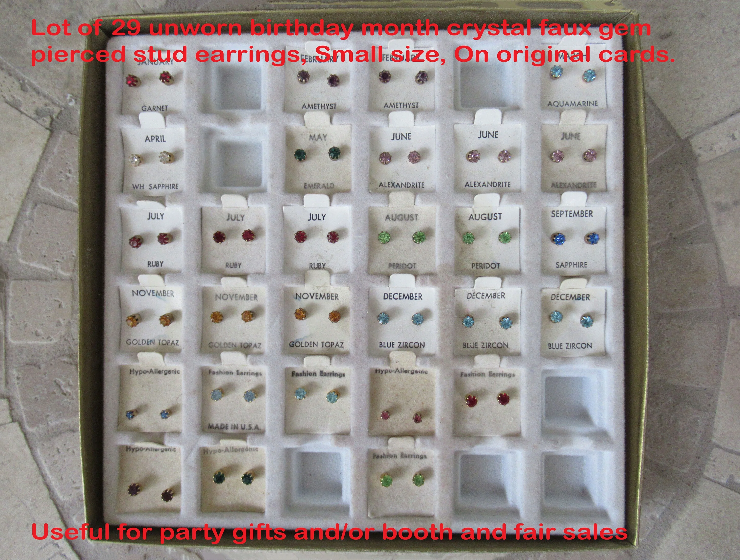 Lot of 29 Stud Earrings On Cards Unworn Birthday Month Crystal Faux Gem Pierced Original Cards Useful for Party Gifts and Booth/fair Sale - Image 2