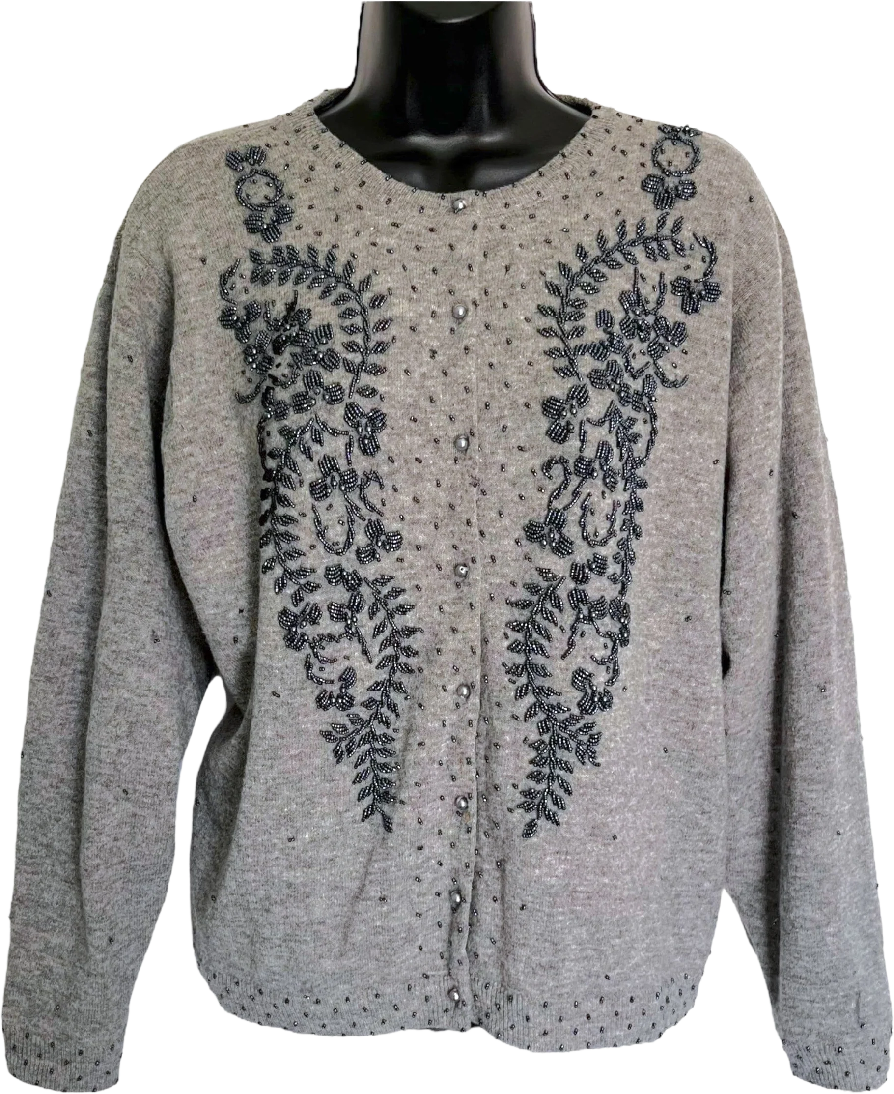 Lovely Vintage Beaded Cardigan Sweater 50s 60s Gray Charcoal Pearl Pinup Girl Rockabilly