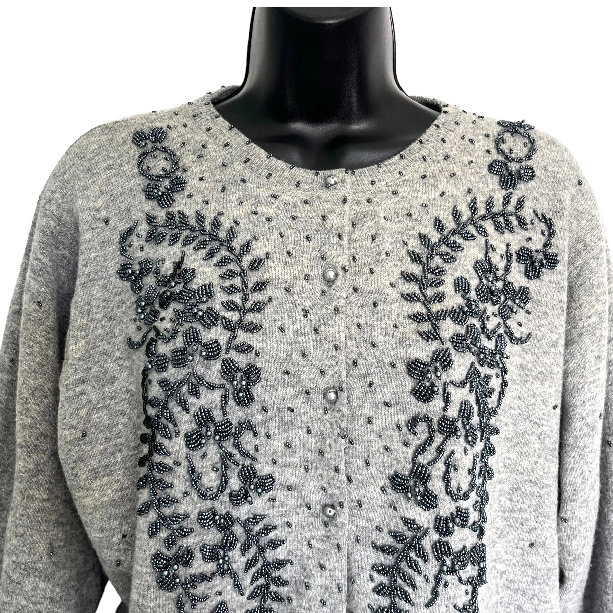 Lovely Vintage Beaded Cardigan Sweater 50s 60s Gray Charcoal Pearl Pinup Girl Rockabilly - Image 2