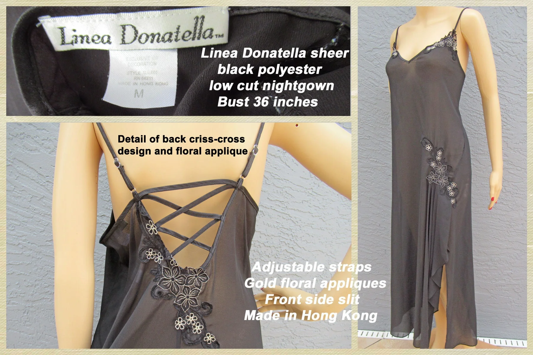Low Cut Nightgown Linea Donatella Sheer Black Polyester Adjustable Straps Gold Floral Applique Front Side Slit Made Hong Kong by Linea Donatella - Image 3