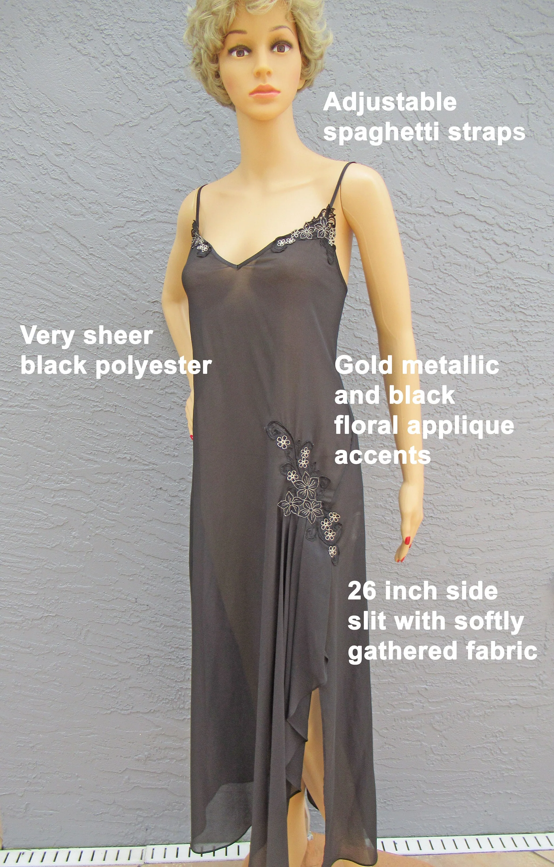 Low Cut Nightgown Linea Donatella Sheer Black Polyester Adjustable Straps Gold Floral Applique Front Side Slit Made Hong Kong by Linea Donatella - Image 4