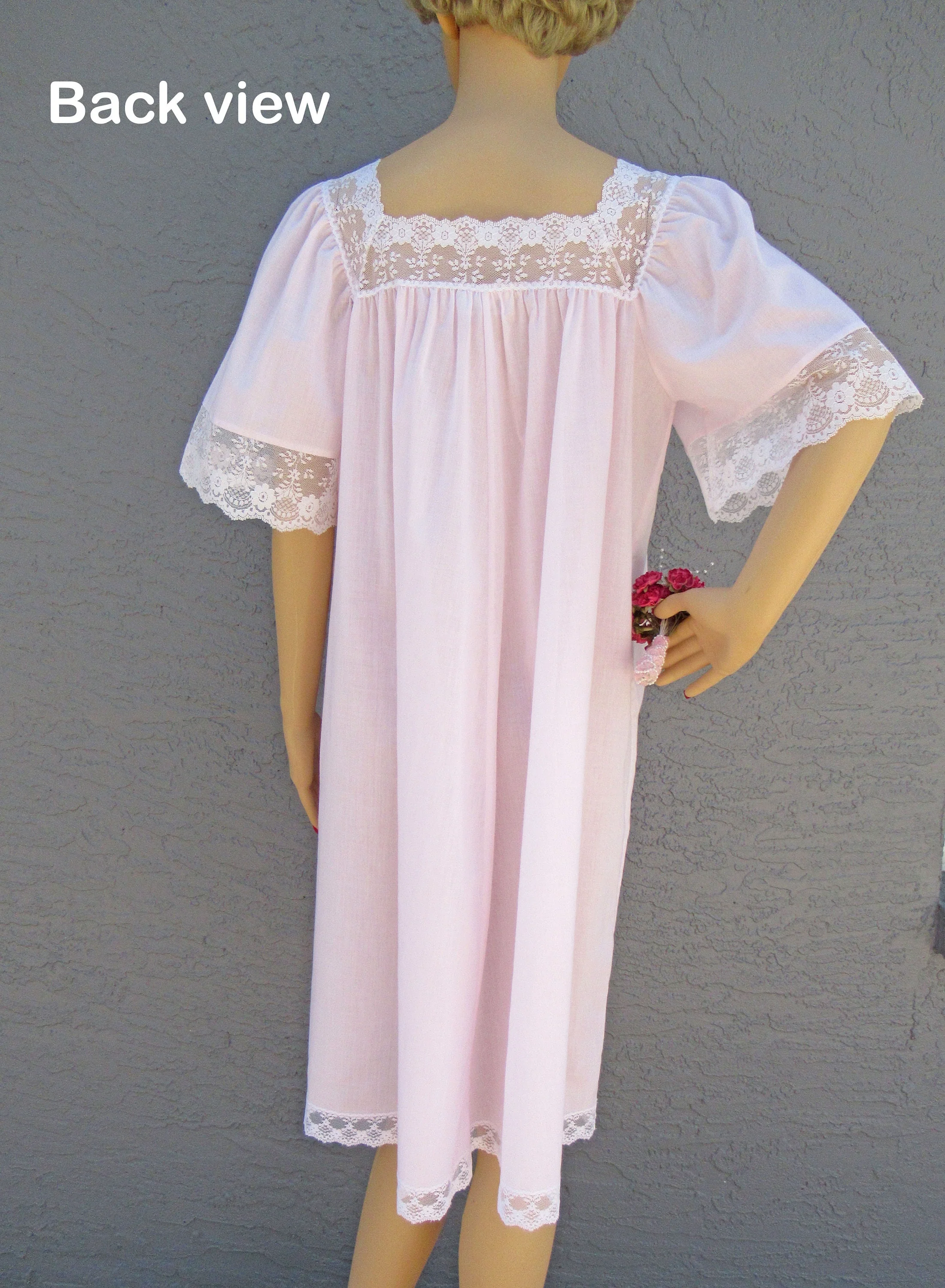 Lucie Ann Nightgown Pastel Pink Sheer White Lace Yoke and Cuffs Small Polyestercotton Mix A-Line Fit 70s Vintage by Lucie Ann - Image 10