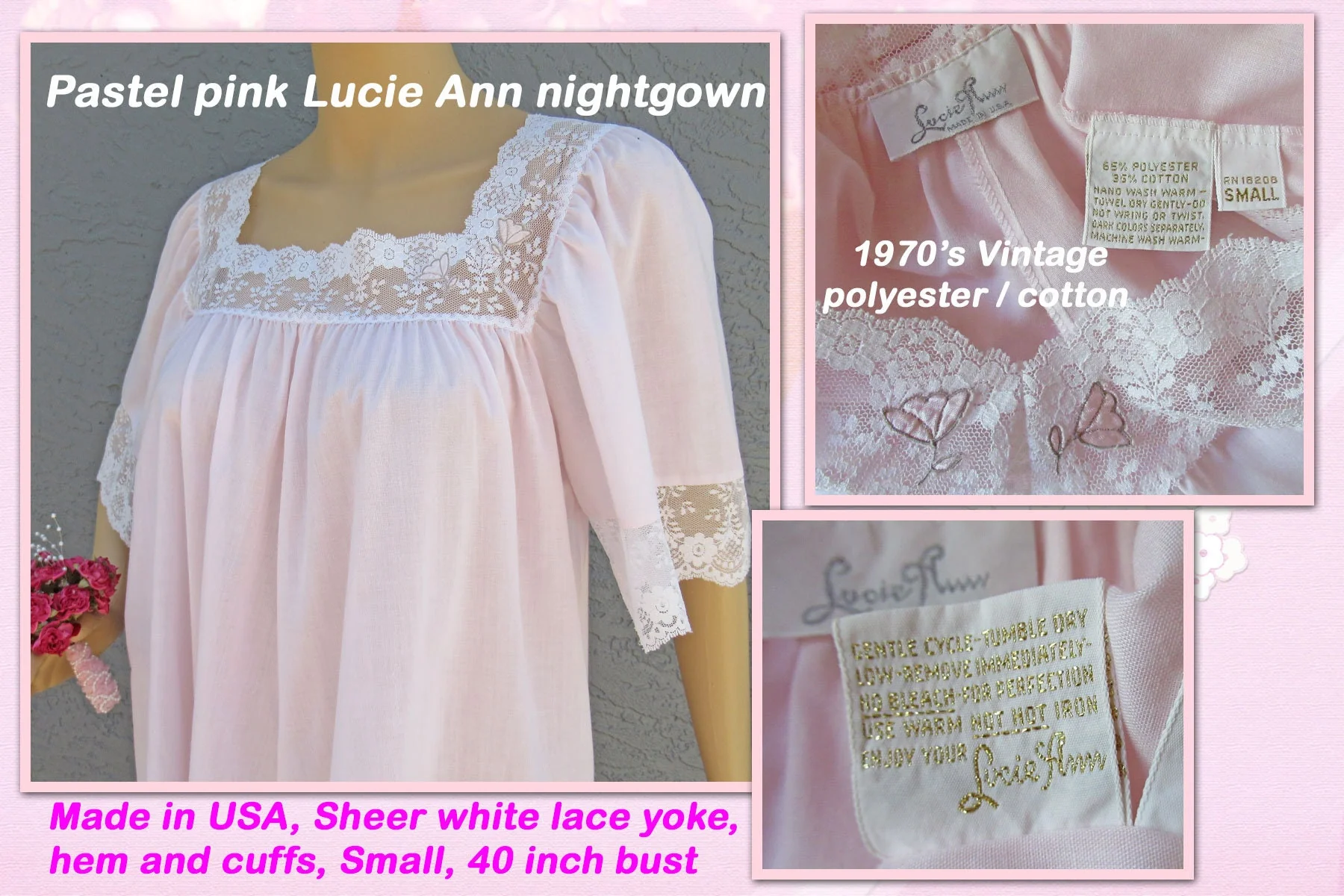 Lucie Ann Nightgown Pastel Pink Sheer White Lace Yoke and Cuffs Small Polyestercotton Mix A-Line Fit 70s Vintage by Lucie Ann - Image 2