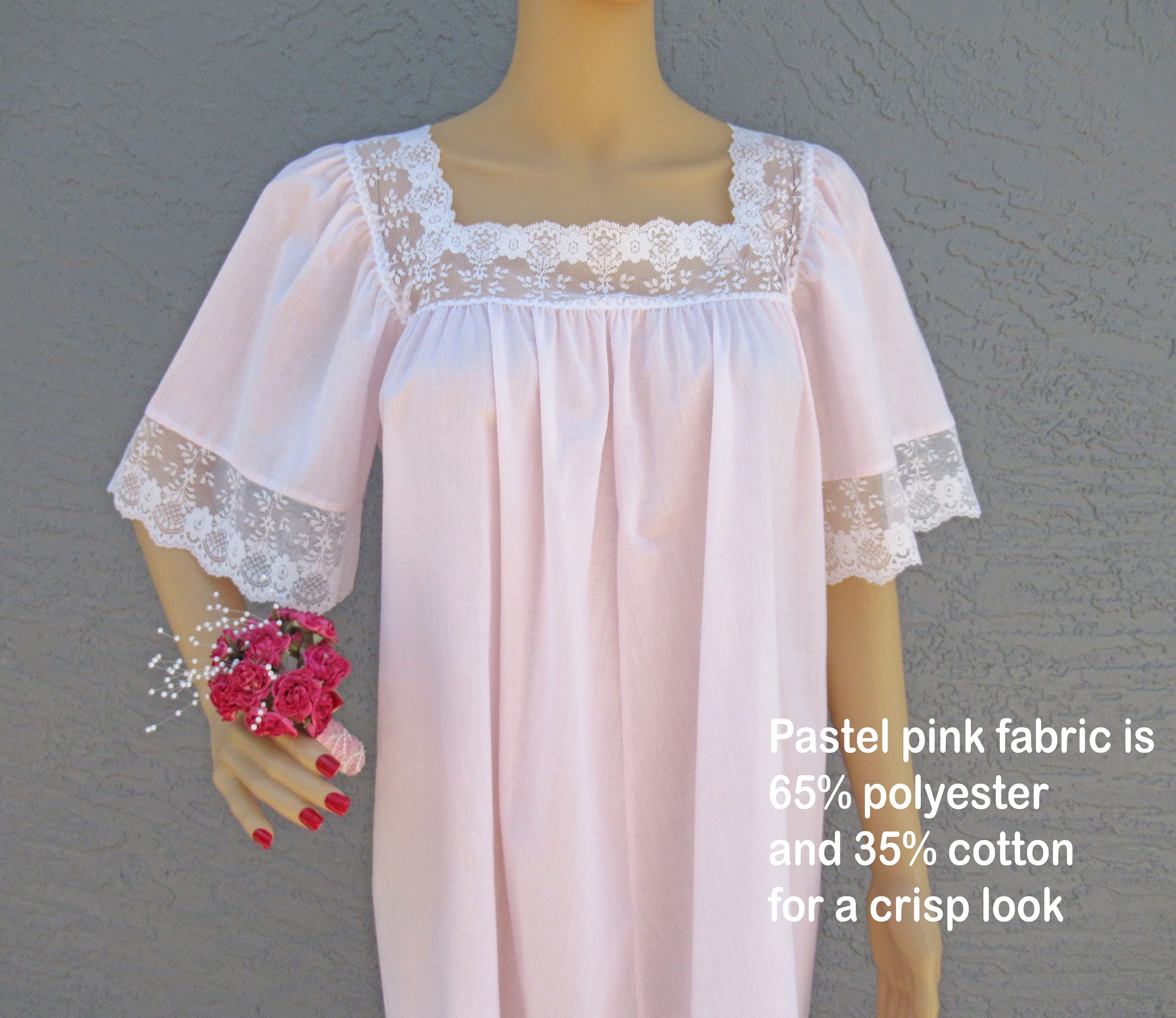 Lucie Ann Nightgown Pastel Pink Sheer White Lace Yoke and Cuffs Small Polyestercotton Mix A-Line Fit 70s Vintage by Lucie Ann - Image 8