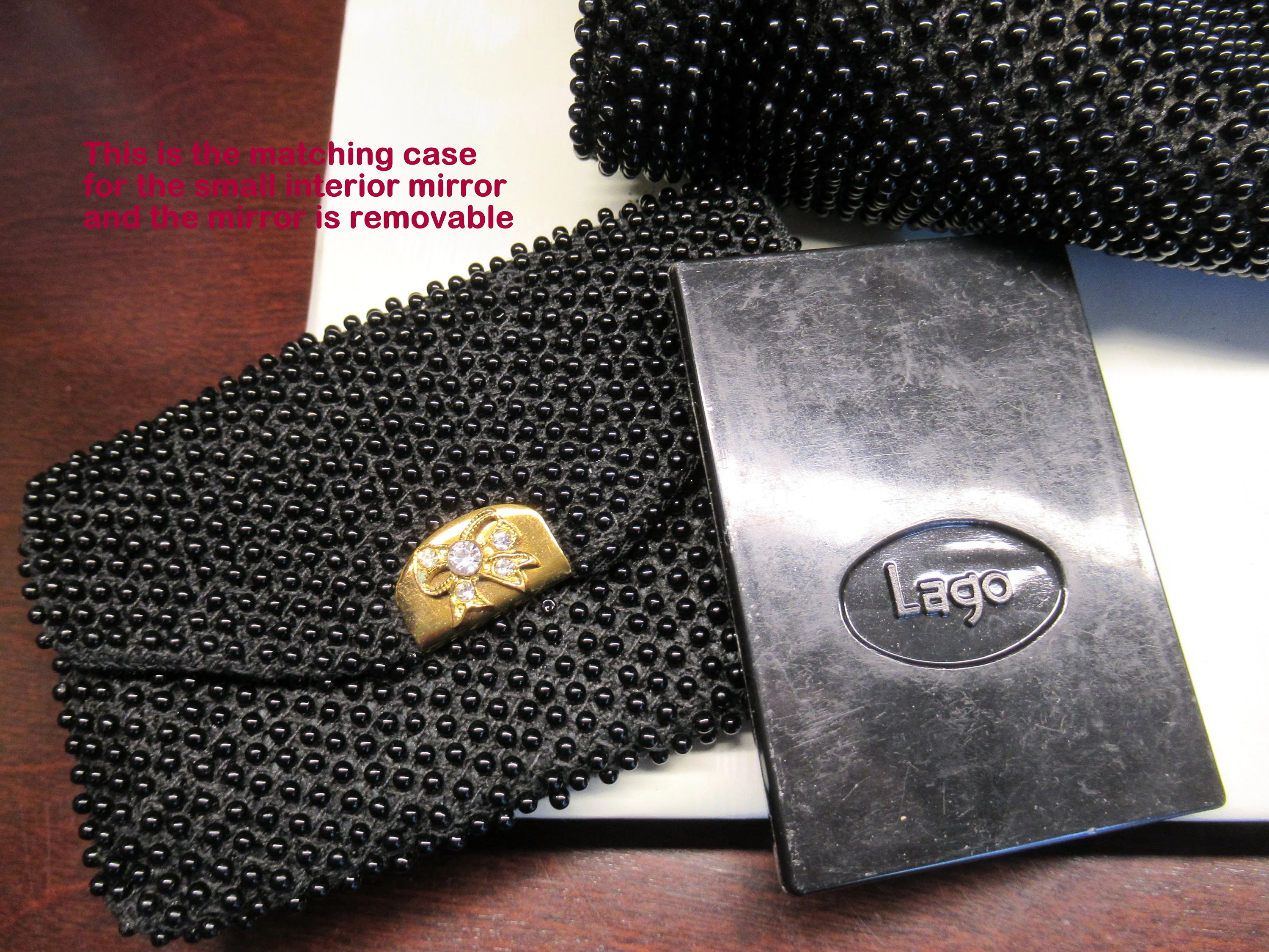Lumured Doublesided Purse Black Seed Beads 2 Compartments Slide In Pocket W Mirror In Holder Beaded Handle Full Lining Mid Century - Image 5