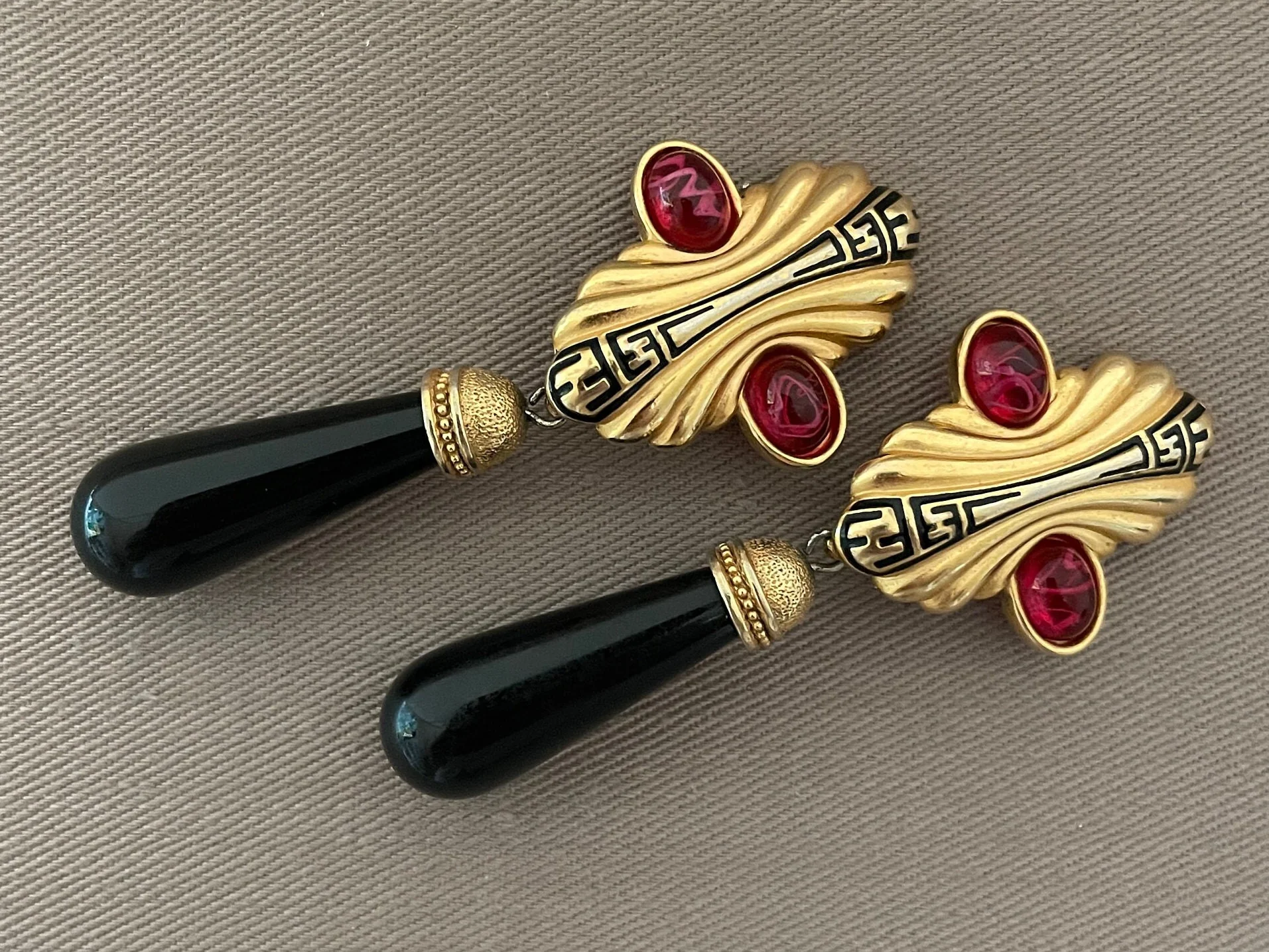 Luxe Fendi Vintage Gripoix Style Glass Cabochon Logo Clip-On Statement Earrings by Fendi - Image 4