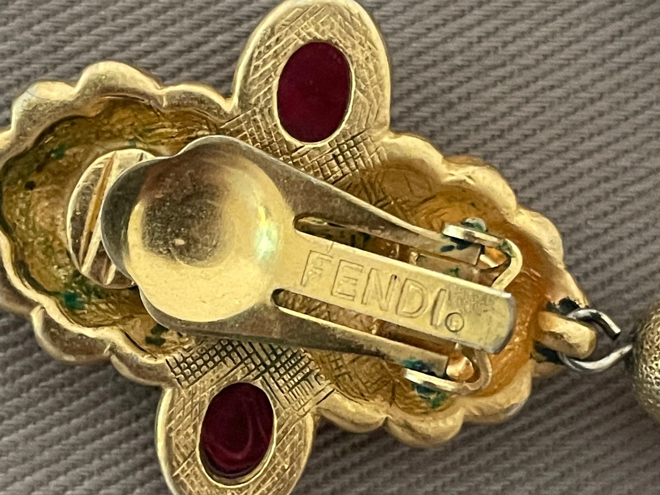 Luxe Fendi Vintage Gripoix Style Glass Cabochon Logo Clip-On Statement Earrings by Fendi - Image 7