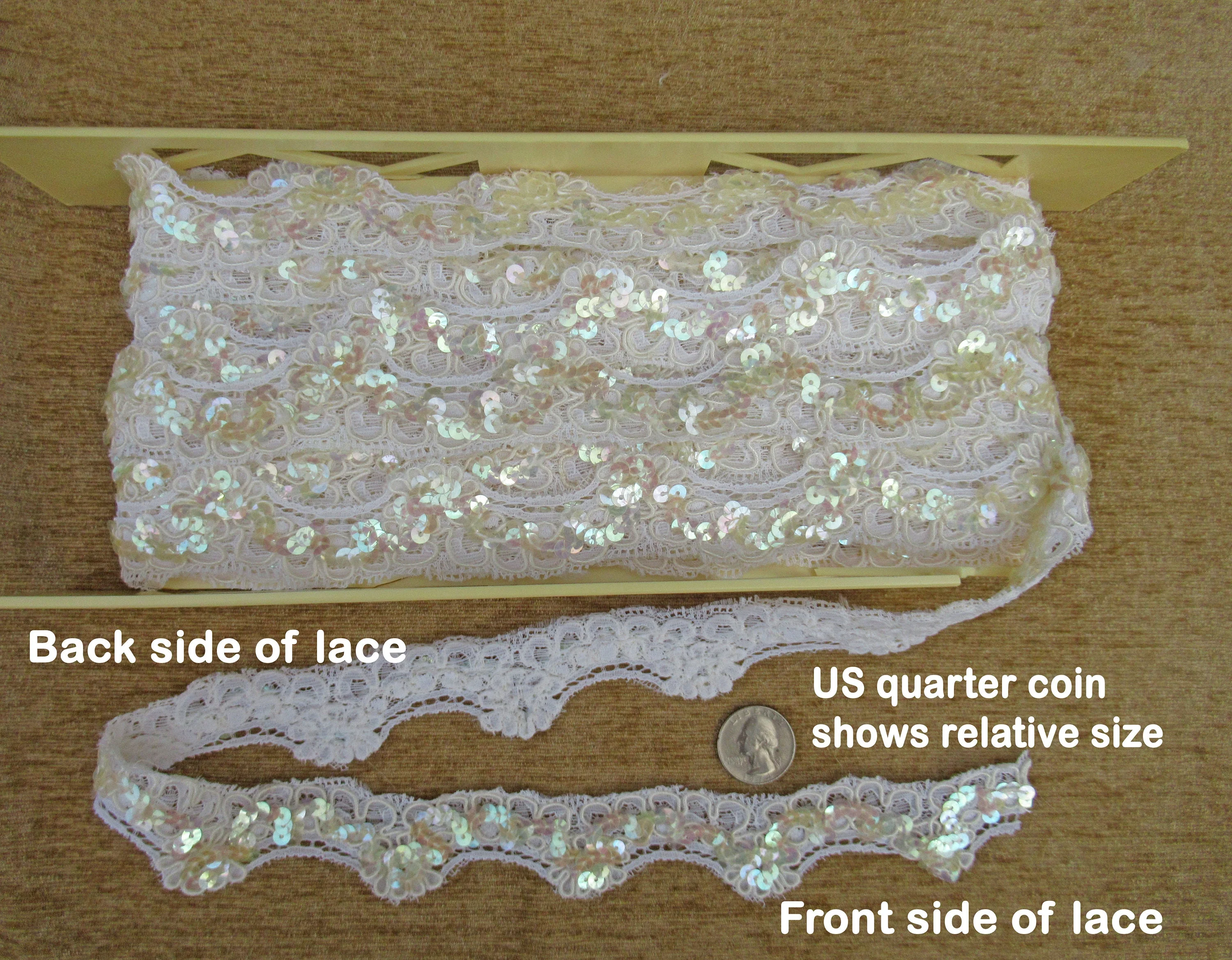 Made In France Lace 10 Yards Uncut Piece From 1995 1 Wide Re-Embroidered Sequins White Nylon Originally 899yard Bridal Trimmings - Image 4