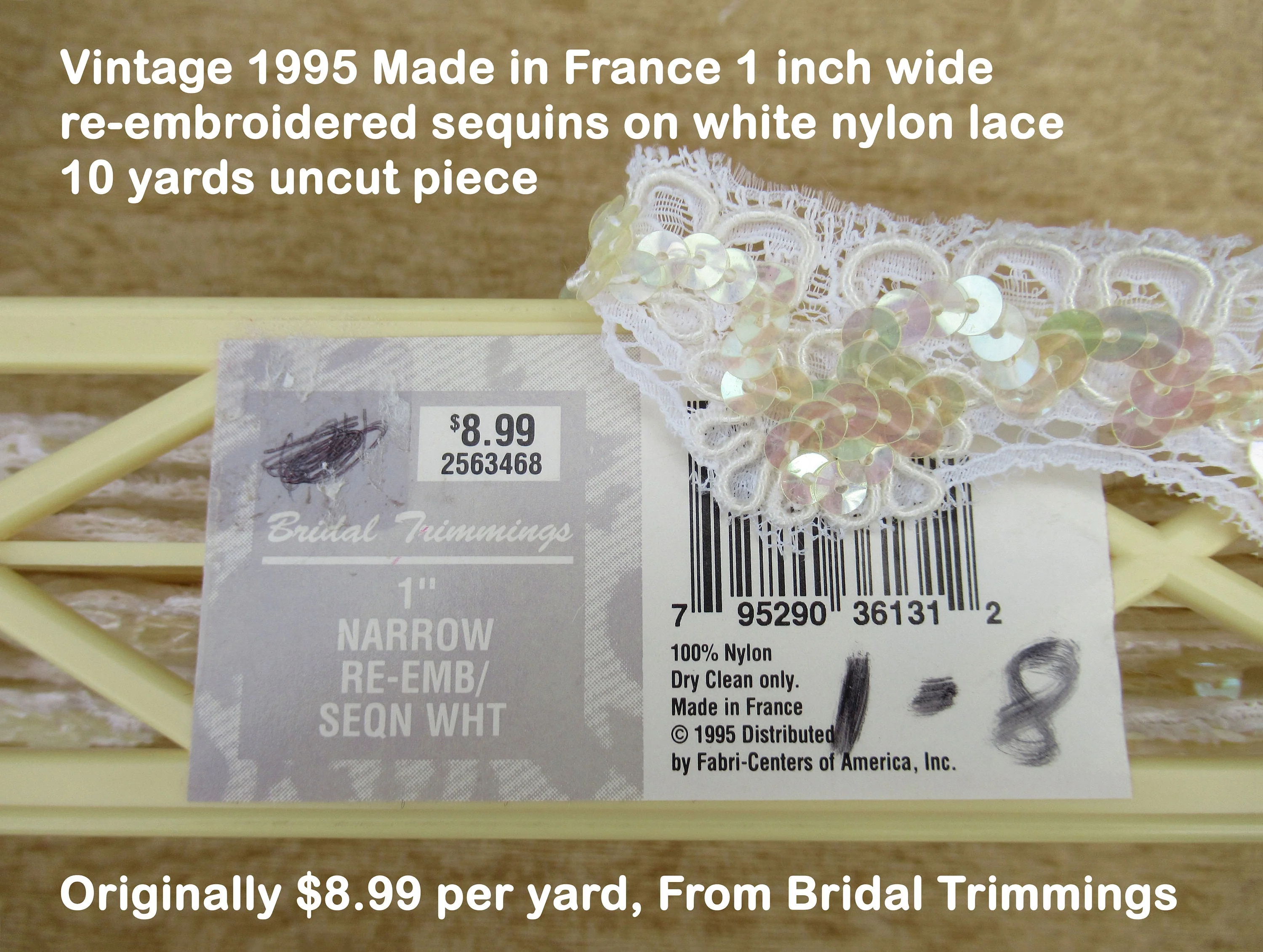 Made In France Lace 10 Yards Uncut Piece From 1995 1 Wide Re-Embroidered Sequins White Nylon Originally 899yard Bridal Trimmings - Image 5