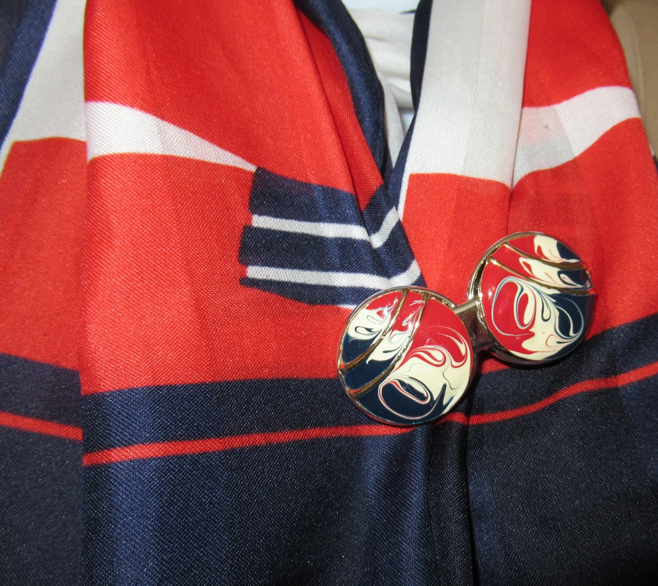 Magnetic Back Brooch Red White and Blue Enamel Oval Swirls Magnetic Back Clasp Easy To Wear Bonus Oblong Sailboat Scarf Included - Image 4