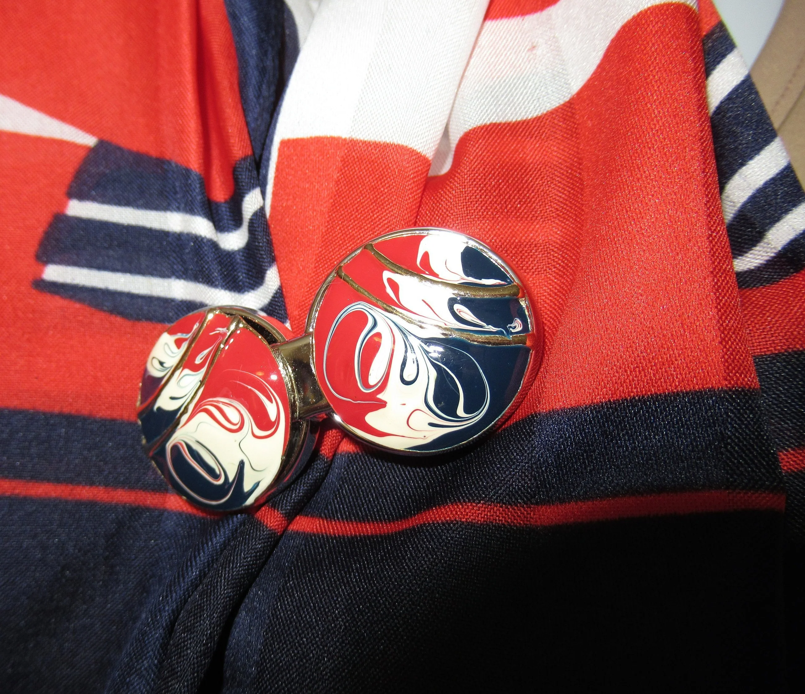 Magnetic Back Brooch Red White and Blue Enamel Oval Swirls Magnetic Back Clasp Easy To Wear Bonus Oblong Sailboat Scarf Included - Image 6
