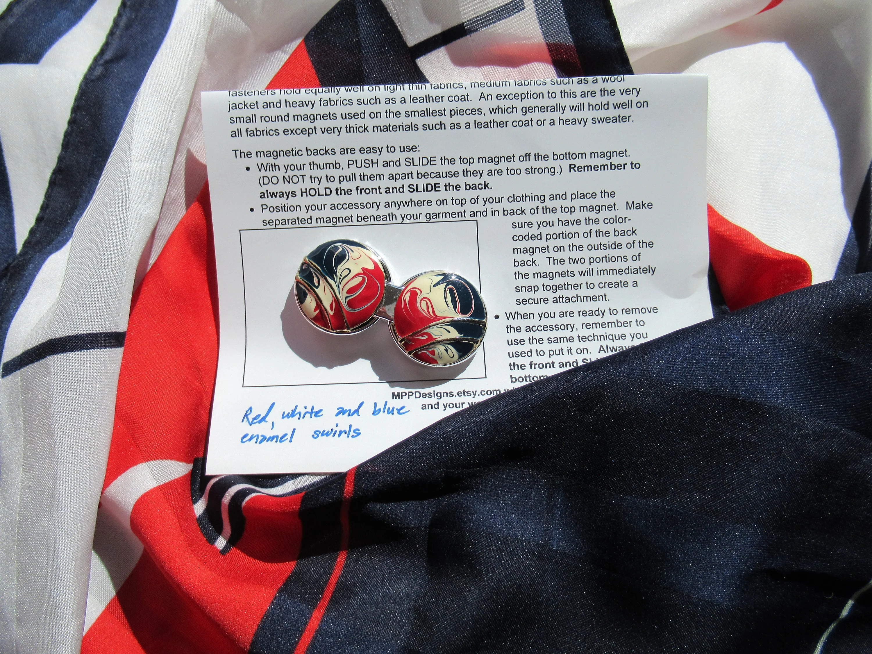 Magnetic Back Brooch Red White and Blue Enamel Oval Swirls Magnetic Back Clasp Easy To Wear Bonus Oblong Sailboat Scarf Included - Image 8