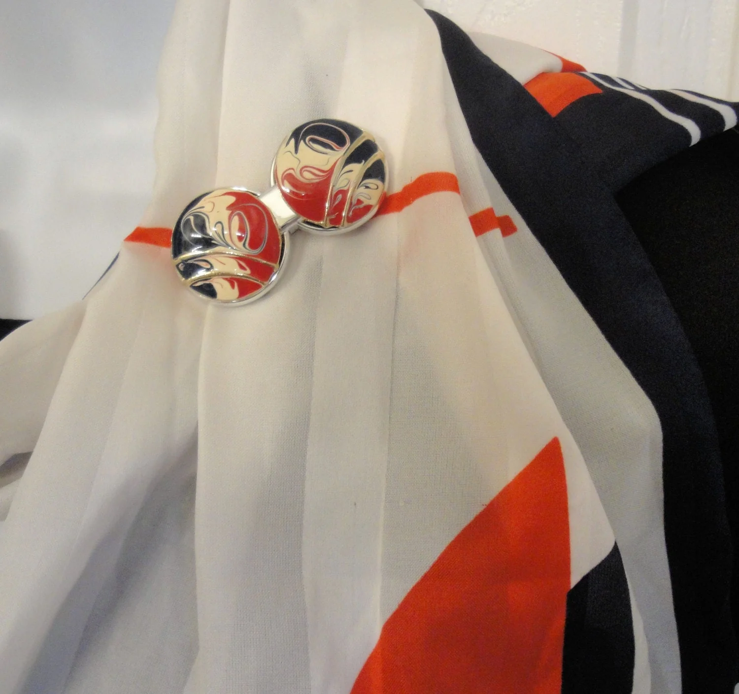 Magnetic Back Brooch Red White and Blue Enamel Oval Swirls Magnetic Back Clasp Easy To Wear Bonus Oblong Sailboat Scarf Included - Image 9