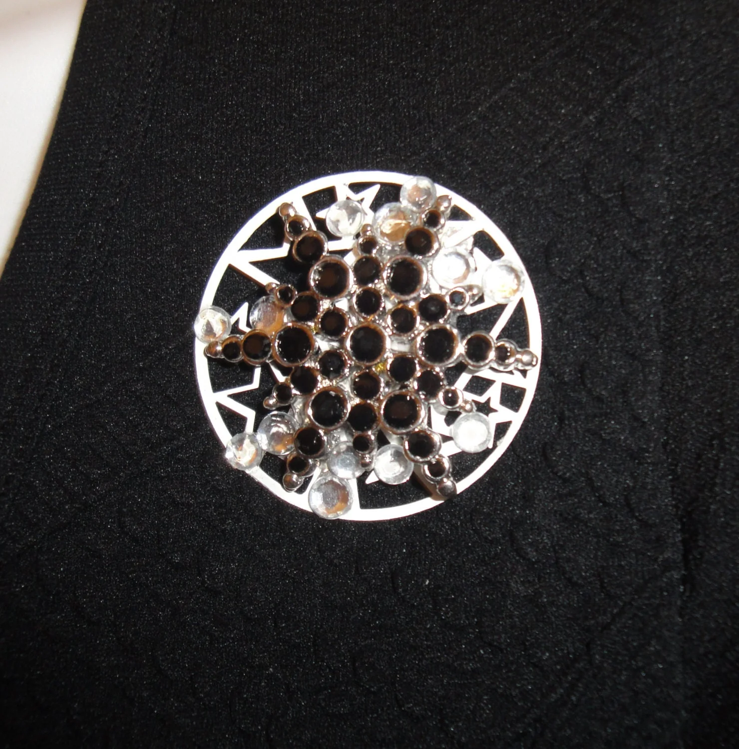 Magnetic Back Brooch Snowflake Shape W Black and Clear Rhinestones White Metal Secure Magnetic Clasp Bonus Black and White Scarf - Image 4