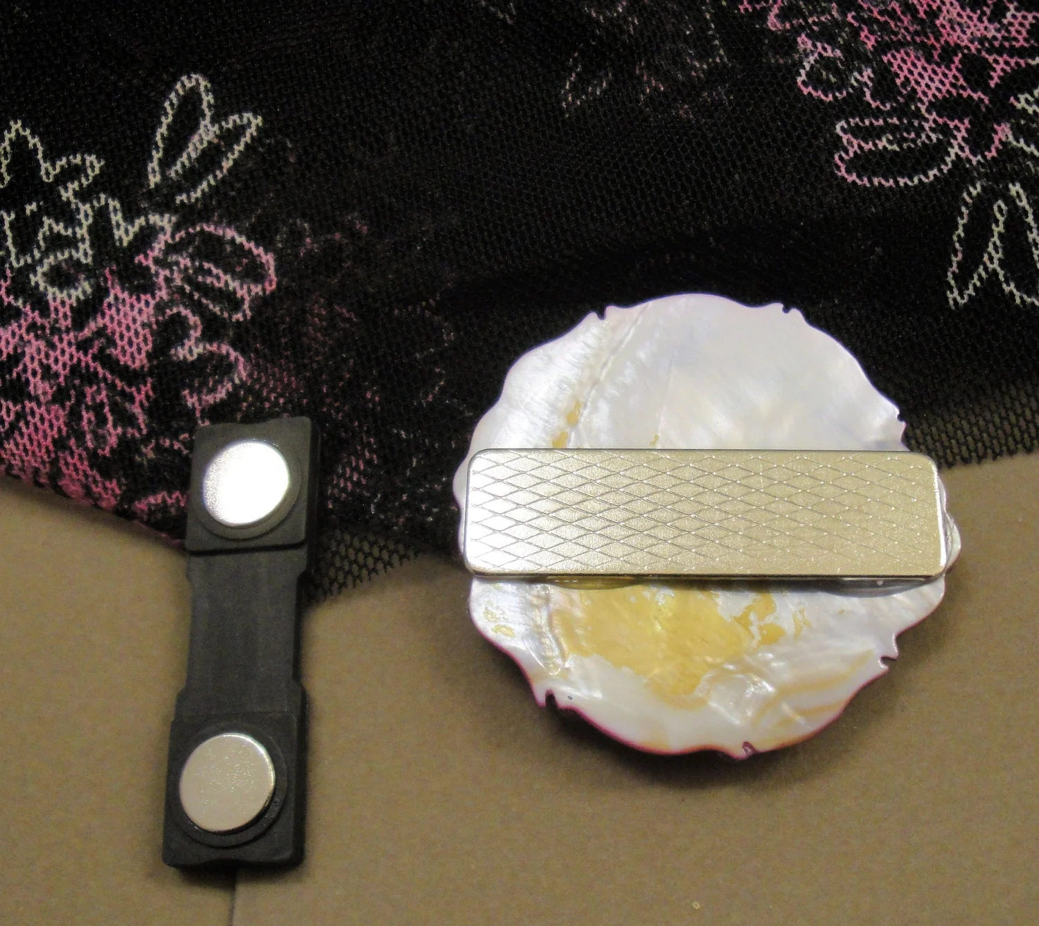 Magnetic Back Brooch Upcycled From Small Metal Vintage Medallion with Purple Floral Shell and Magnetic Back Bonus Sheer Oblong Scarf - Image 10