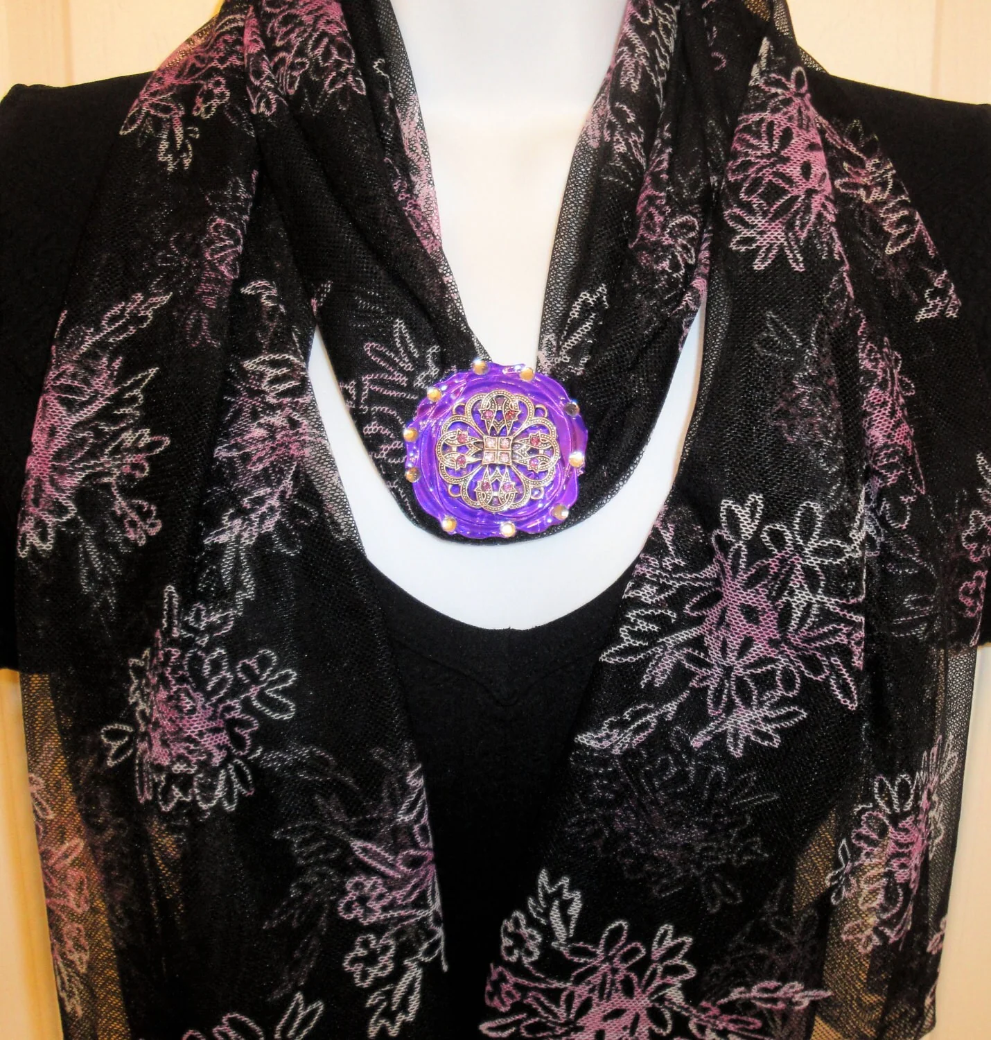Magnetic Back Brooch Upcycled From Small Metal Vintage Medallion with Purple Floral Shell and Magnetic Back Bonus Sheer Oblong Scarf - Image 6