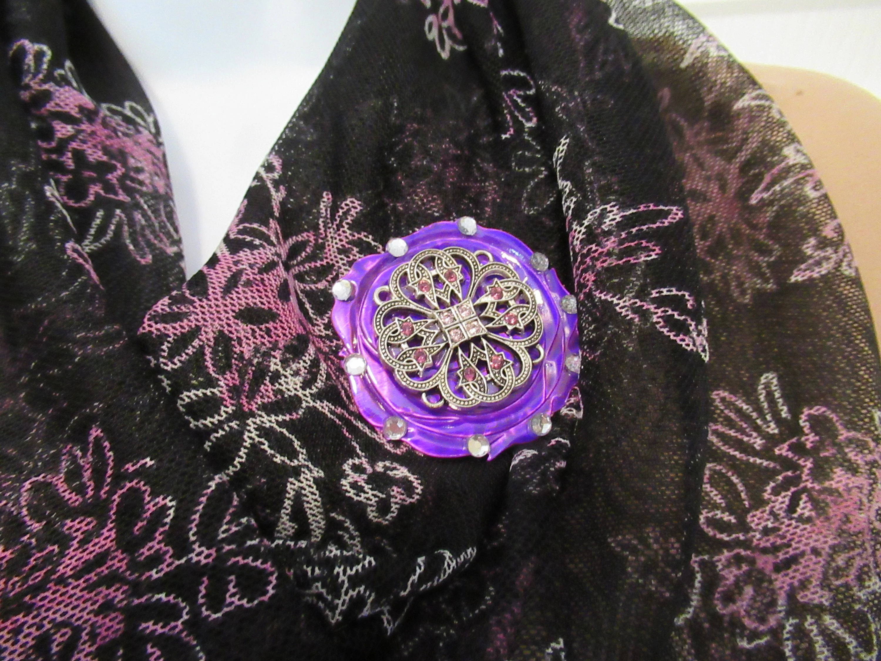 Magnetic Back Brooch Upcycled From Small Metal Vintage Medallion with Purple Floral Shell and Magnetic Back Bonus Sheer Oblong Scarf - Image 8