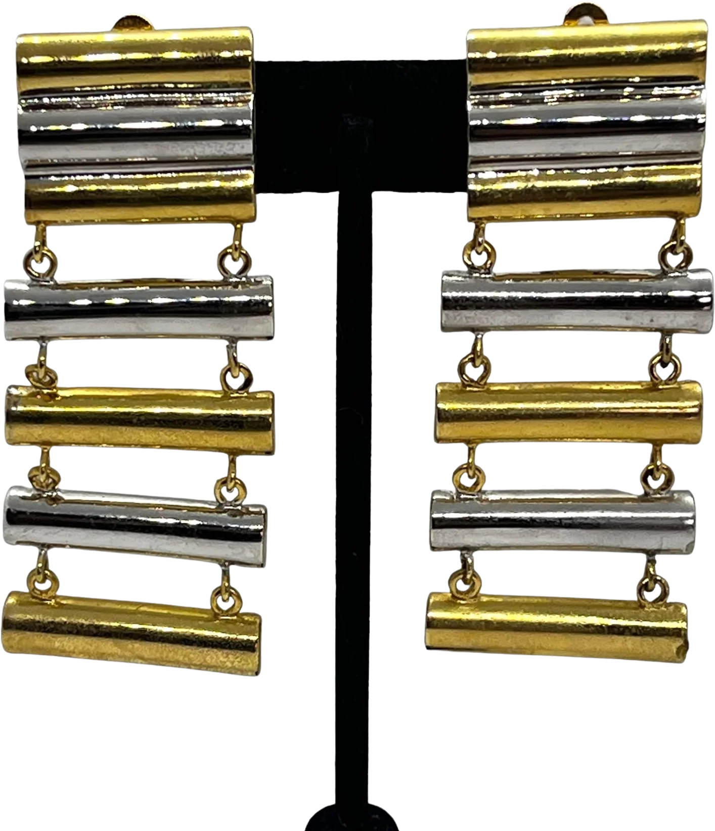 Marvelous Vintage Modernist Drop Earrings 80s 90s Chunky Runway Mixed Metal Gold Silver Ladder High Quality