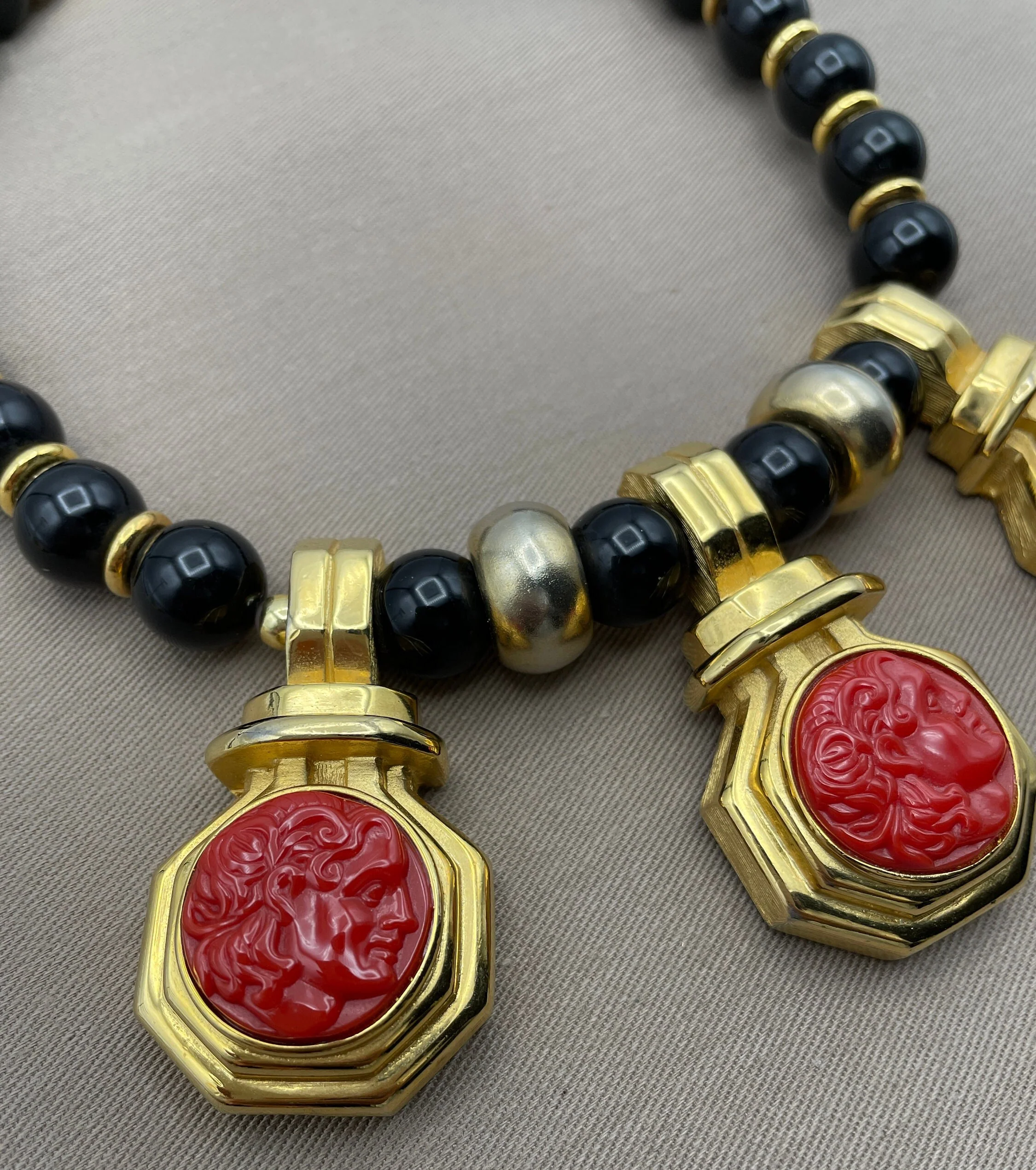 Massive Alexis Kirk Signed Statement Choker Necklace Black Beads Red Carnelian Carved Cameo Greek Roman by Alexis Kirk - Image 2