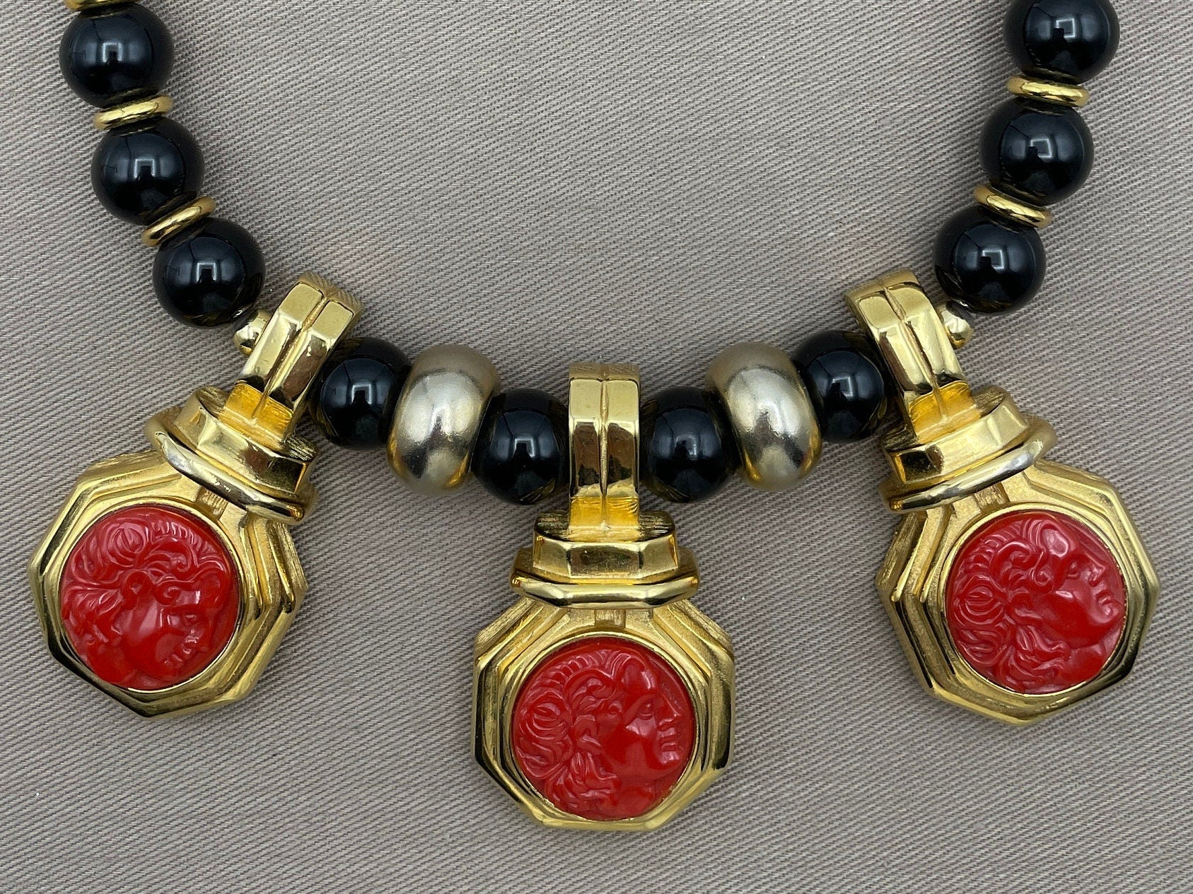 Massive Alexis Kirk Signed Statement Choker Necklace Black Beads Red Carnelian Carved Cameo Greek Roman by Alexis Kirk - Image 3