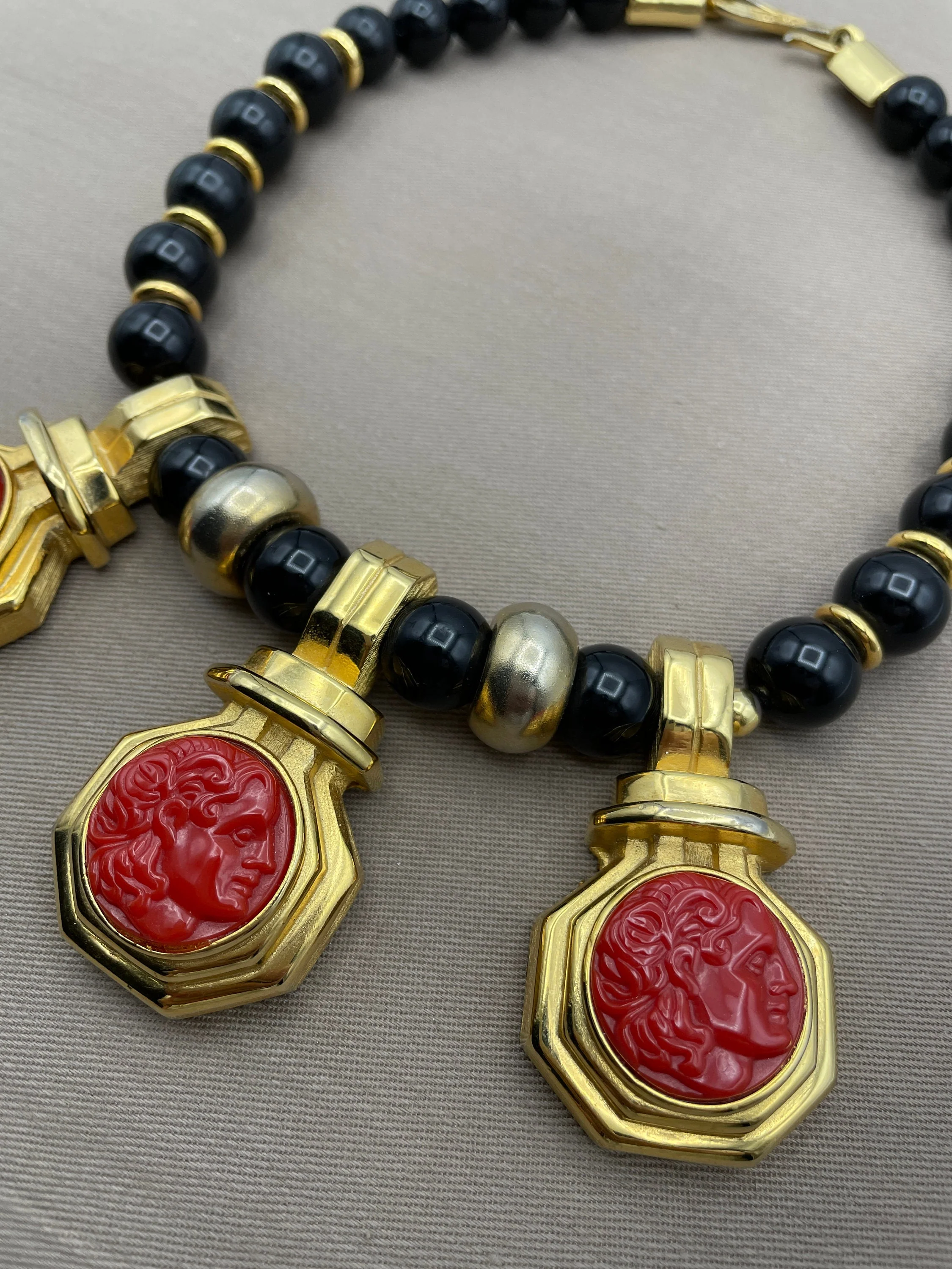 Massive Alexis Kirk Signed Statement Choker Necklace Black Beads Red Carnelian Carved Cameo Greek Roman by Alexis Kirk - Image 4