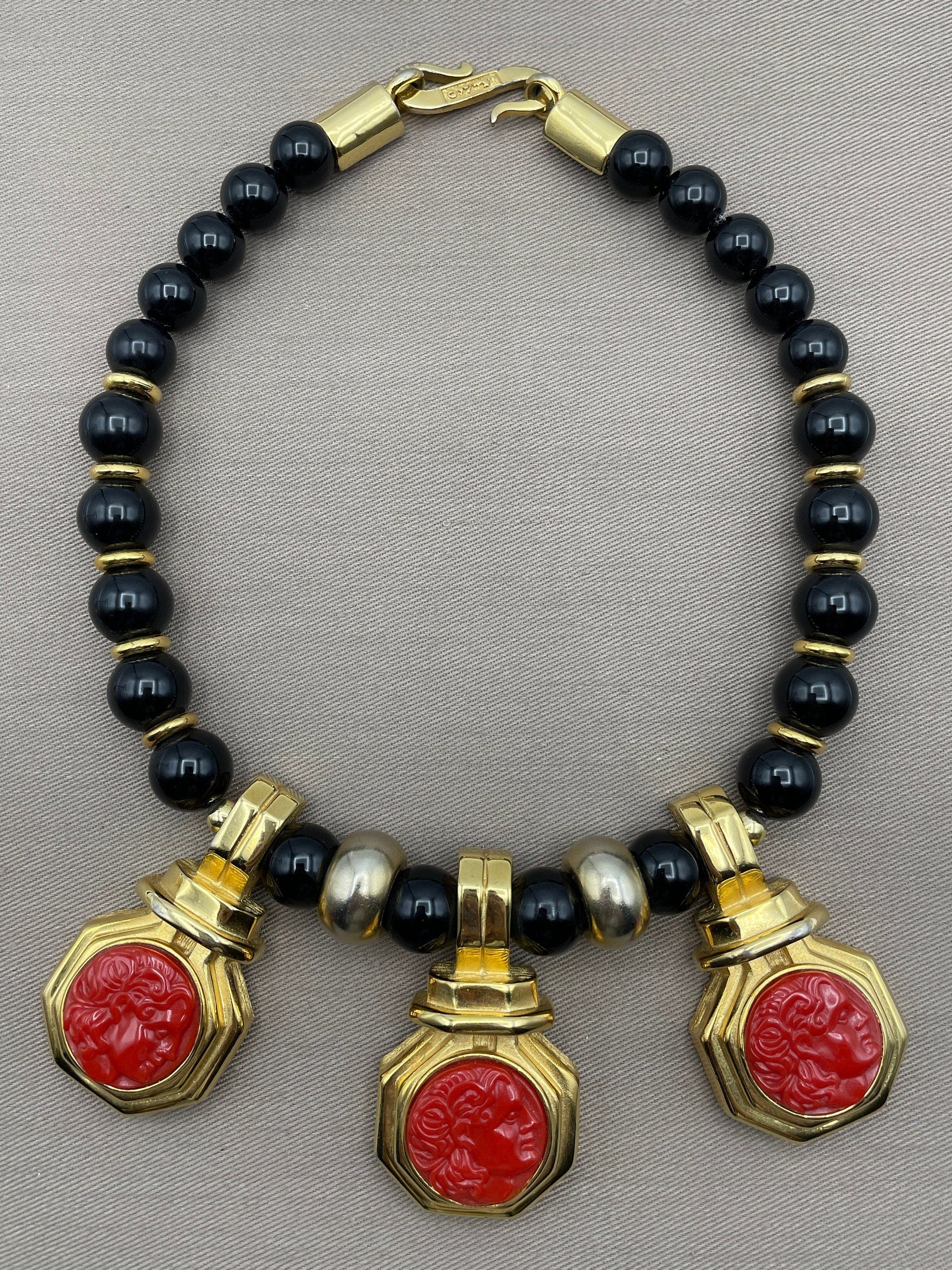 Massive Alexis Kirk Signed Statement Choker Necklace Black Beads Red Carnelian Carved Cameo Greek Roman by Alexis Kirk - Image 5