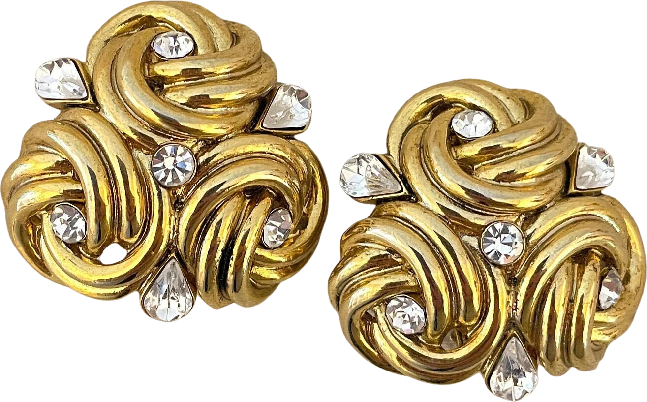 Massive Baroque Statement Earrings with Clear Crystal Accents Vintage Clip Ons