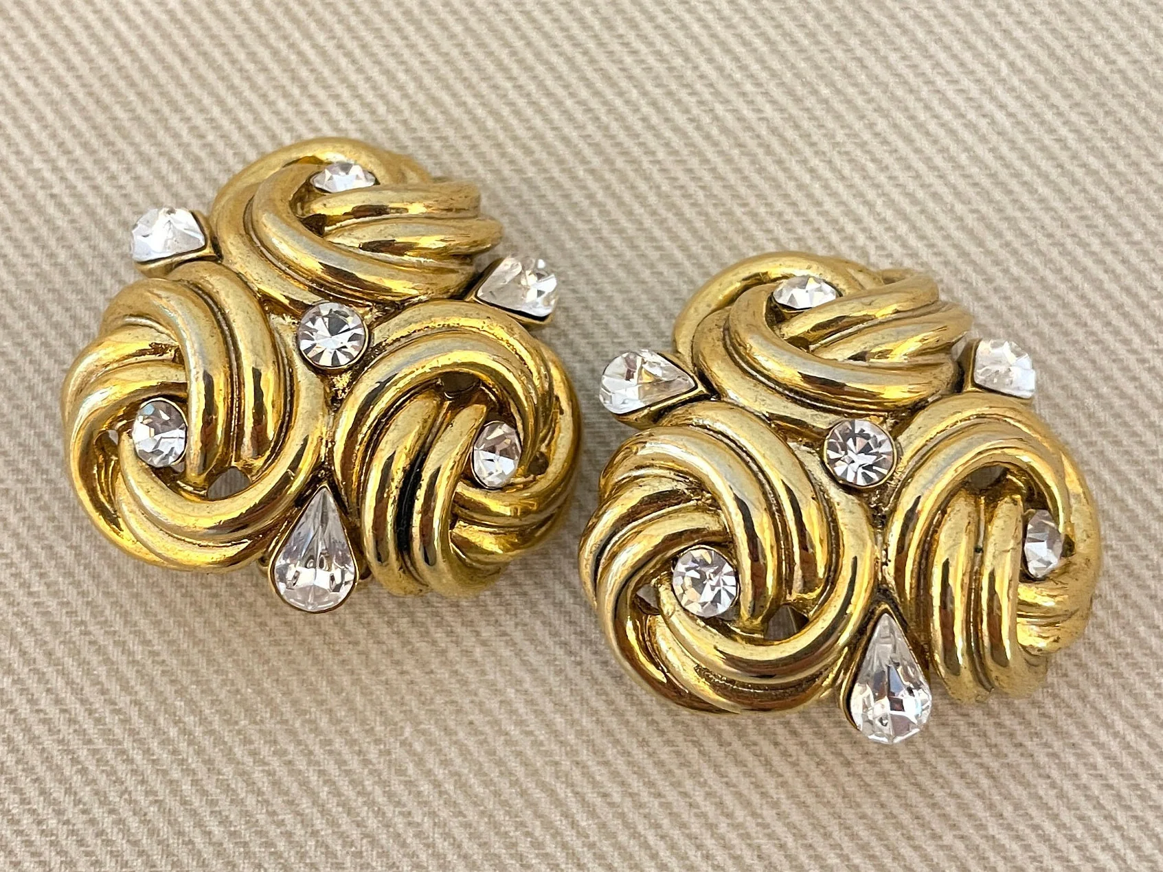 Massive Baroque Statement Earrings with Clear Crystal Accents Vintage Clip Ons - Image 2