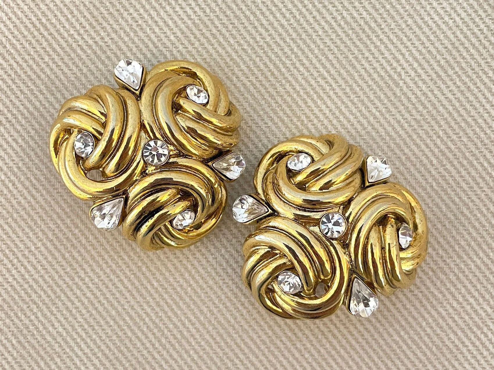 Massive Baroque Statement Earrings with Clear Crystal Accents Vintage Clip Ons - Image 5