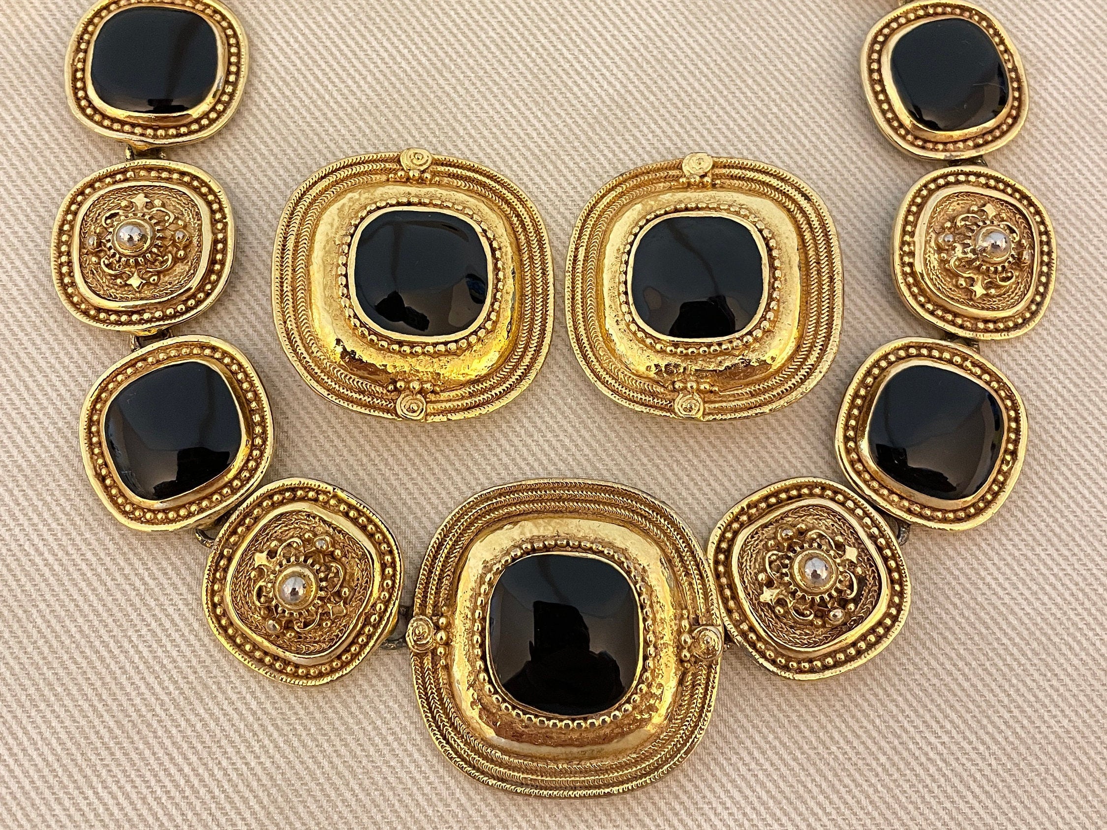 Massive Byzantine Medallion Vintage Jewelry Set Black Enamel Statement Earrings and Necklace - Image 2