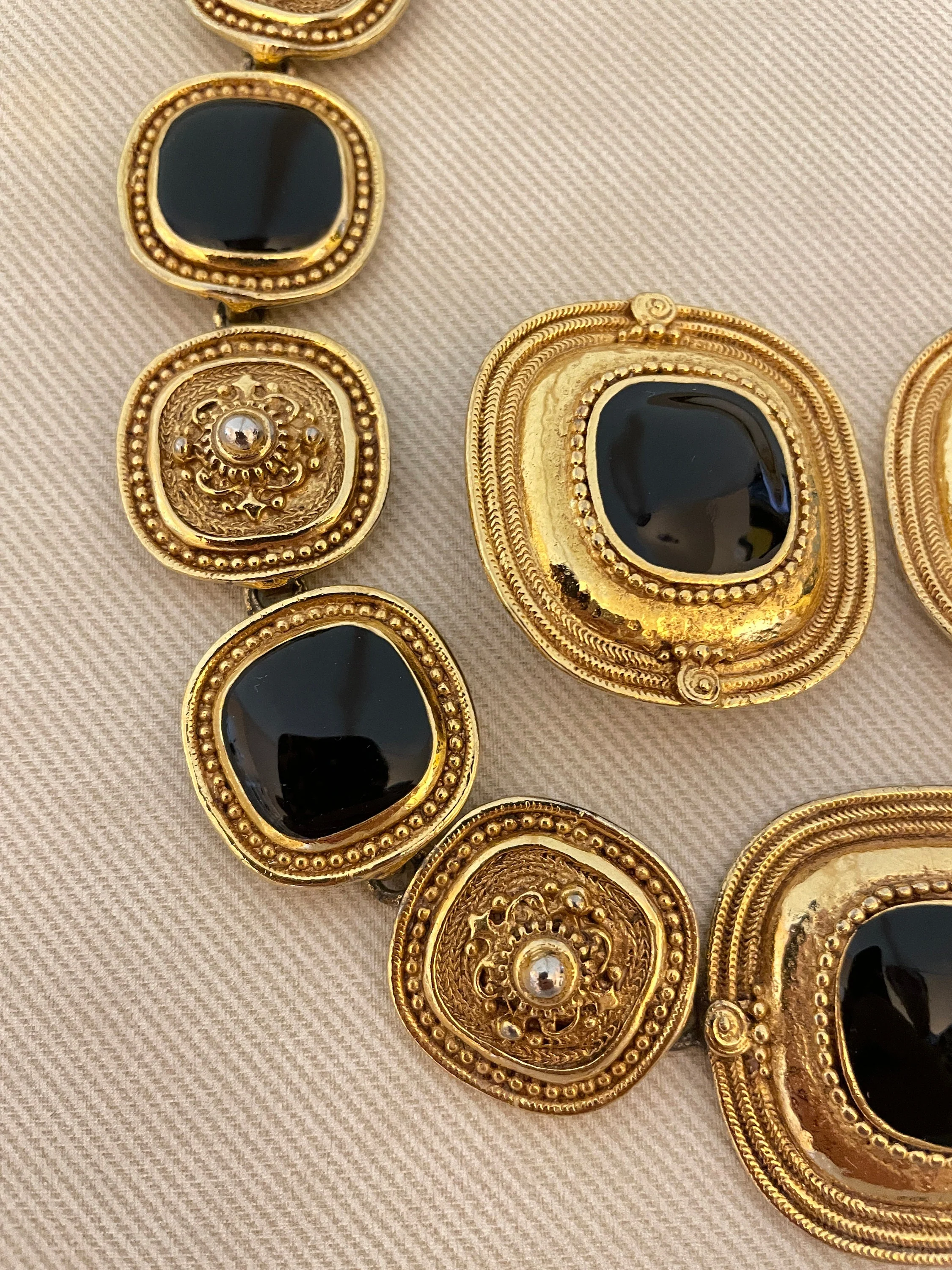 Massive Byzantine Medallion Vintage Jewelry Set Black Enamel Statement Earrings and Necklace - Image 3