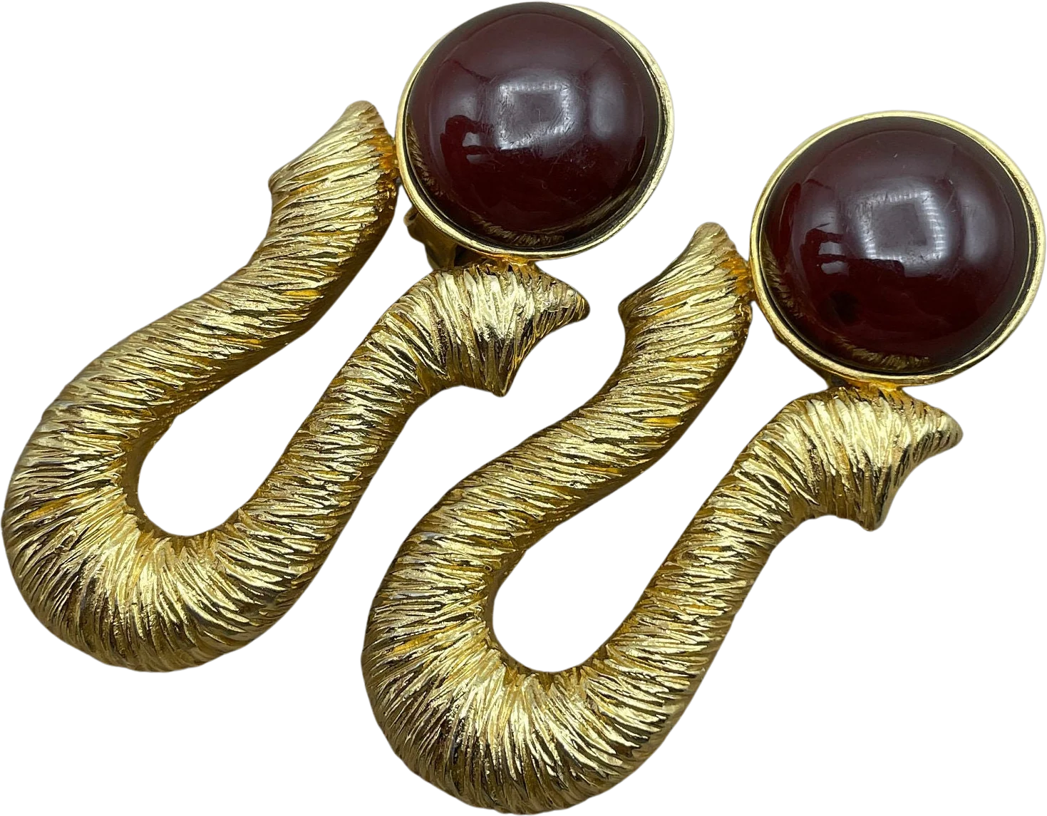 Massive Etruscan Byzantine Clip-On Statement Earrings Ruby Glass Cabochon Textured Gold
