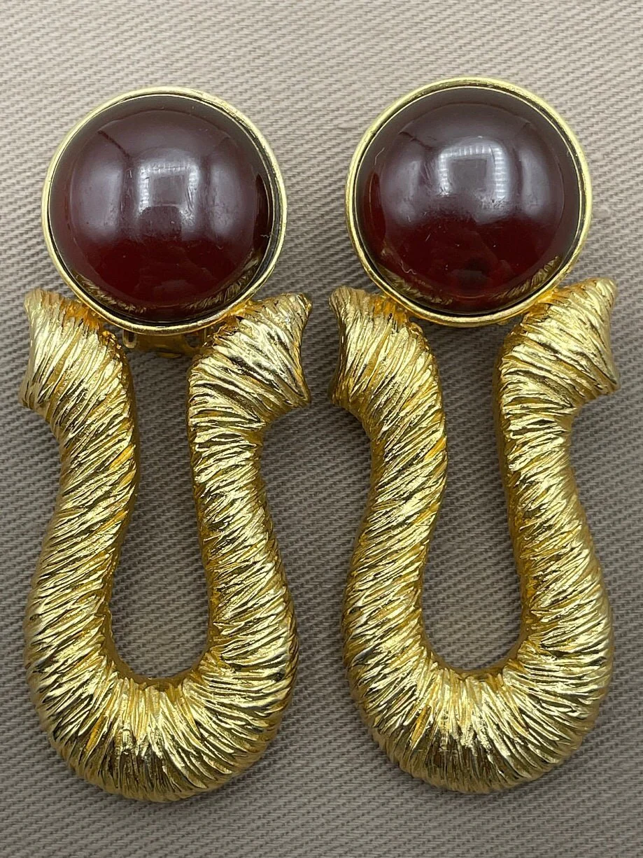 Massive Etruscan Byzantine Clip-On Statement Earrings Ruby Glass Cabochon Textured Gold - Image 2