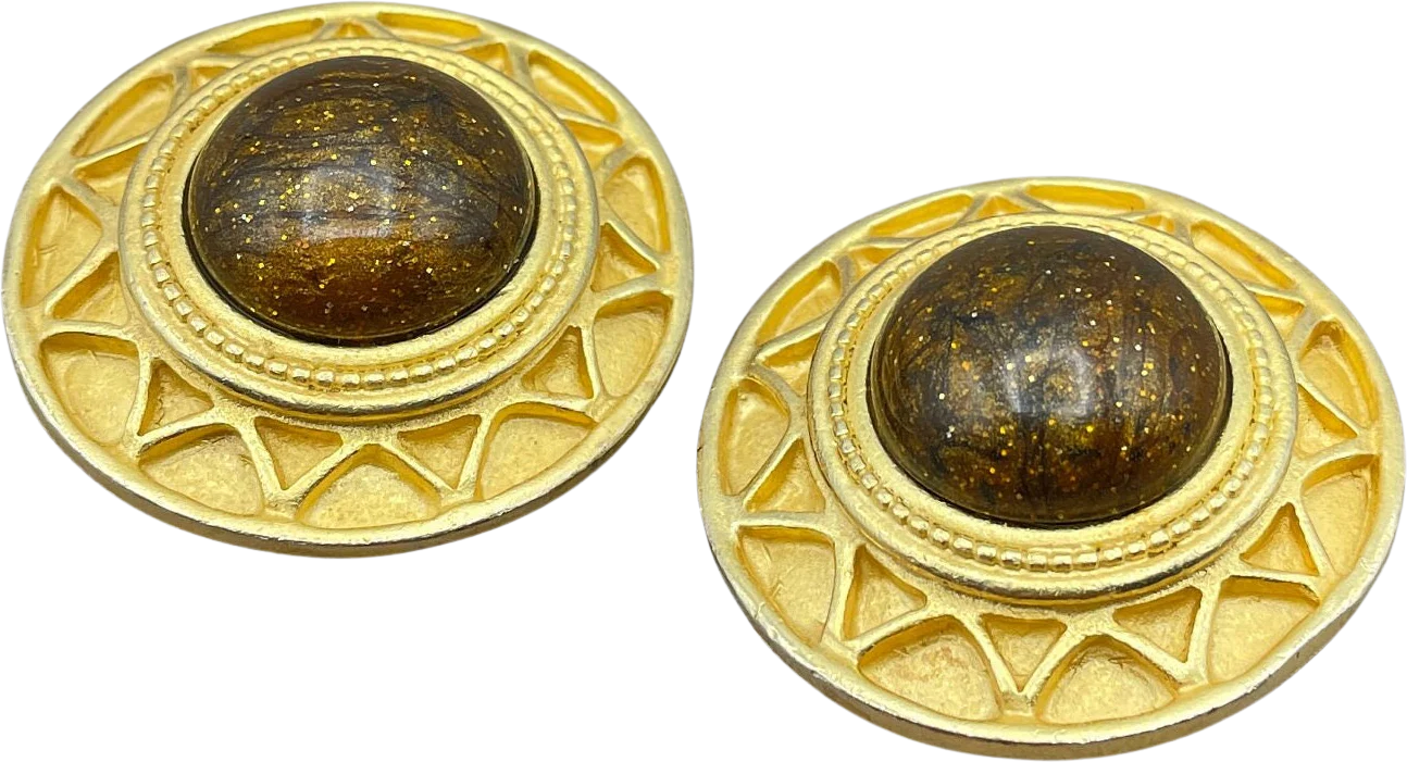 Massive Etruscan Sunburst Signed Vintage Byzantine Clip On Statement Earrings by Realm