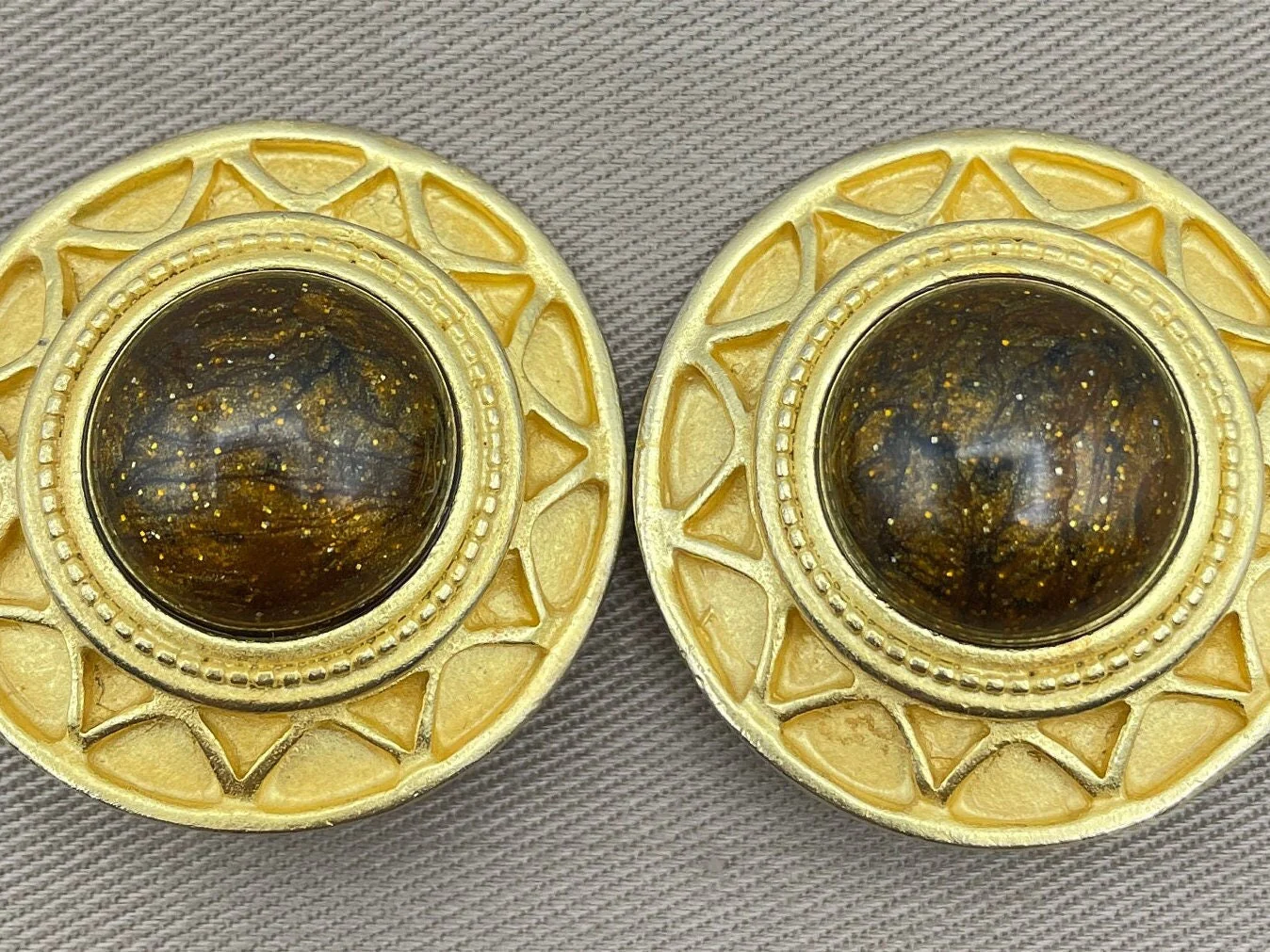 Massive Etruscan Sunburst Signed Vintage Byzantine Clip On Statement Earrings by Realm - Image 2