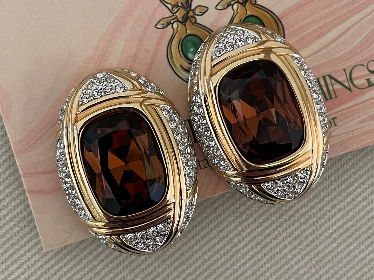 Massive Faux Amber Stone Swan Clip On Statement Earrings Diamante Pave by Swarovski - Image 3