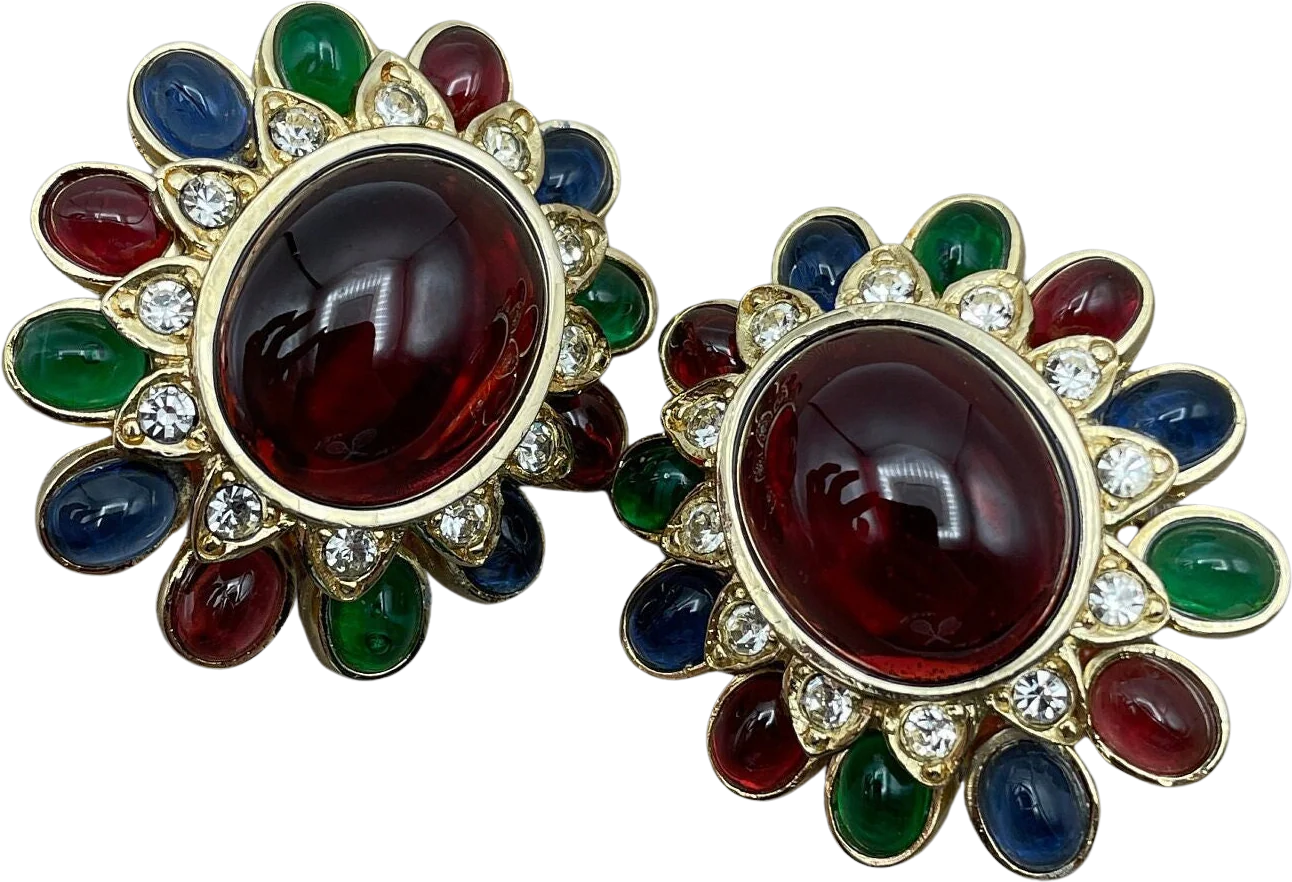 Massive Glass Cabochon Jewels of India Clip On Statement Earrings Gripoix by Ciner