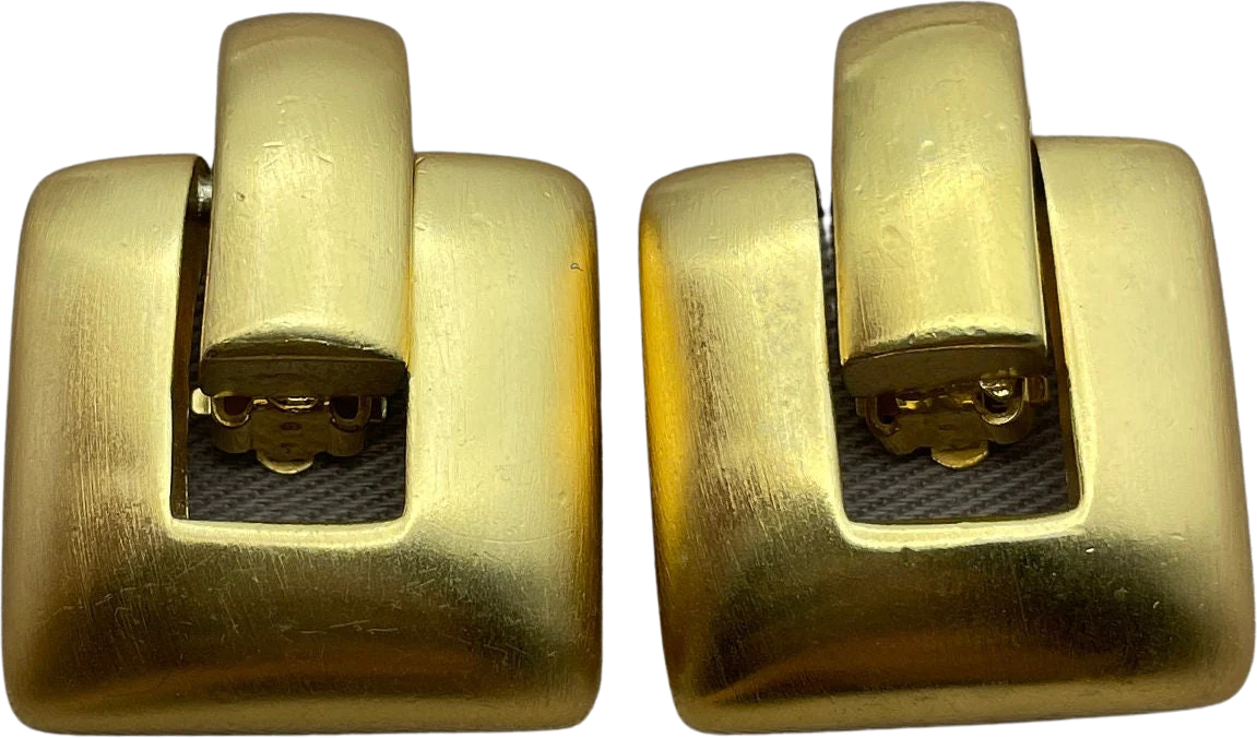 Matte Gold Modernist Square Door Knocker Clip-On Statement Earrings Vintage Gold Chunky Jewelry by Anne Klein