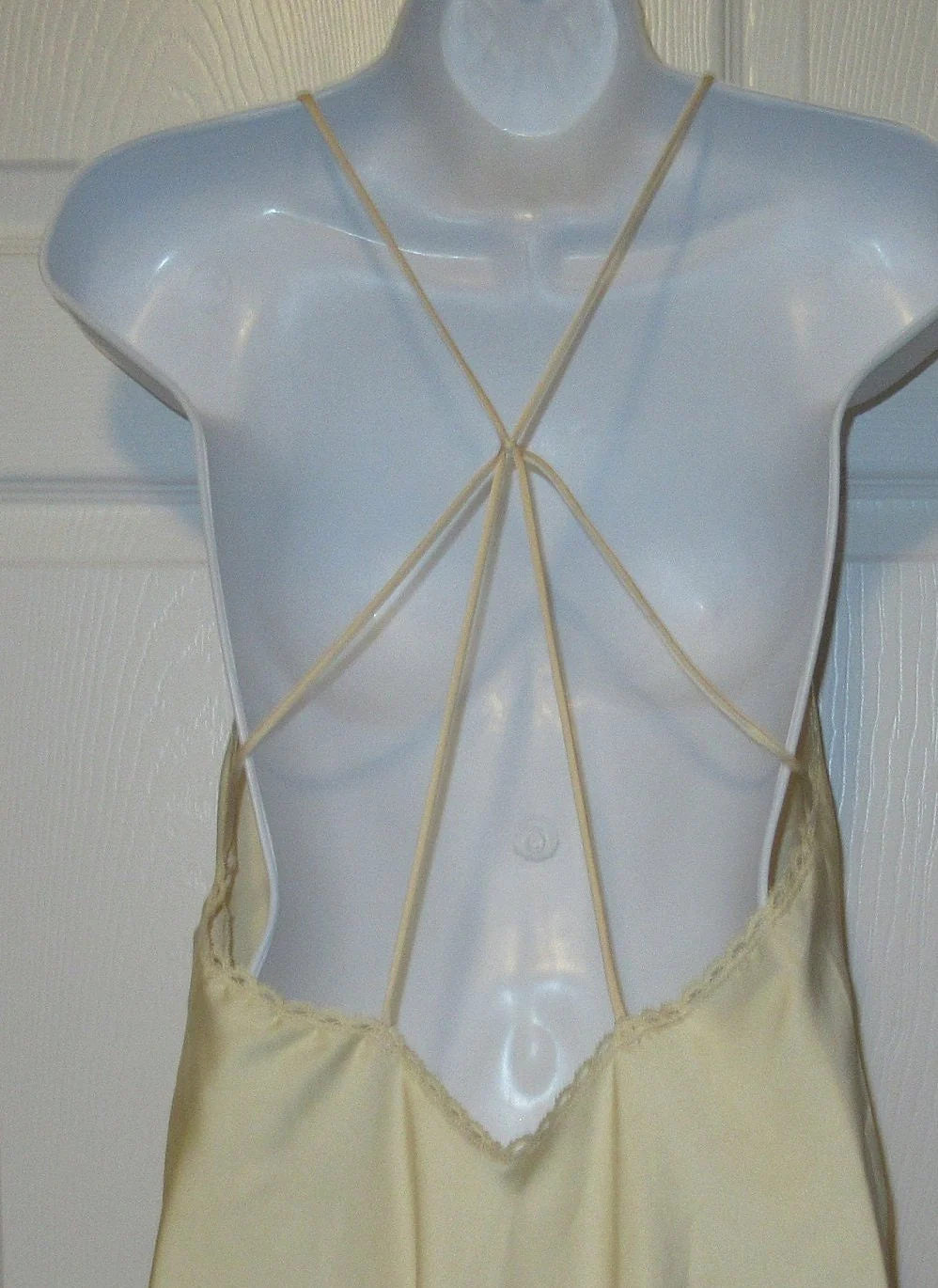 Med Babydoll Gown Lily of France Rosa Puleo-Ule Deep V 37 Spaghetti Straps Crisscross Low Back Beige Polyester Vintage by Lily Of France - Image 10