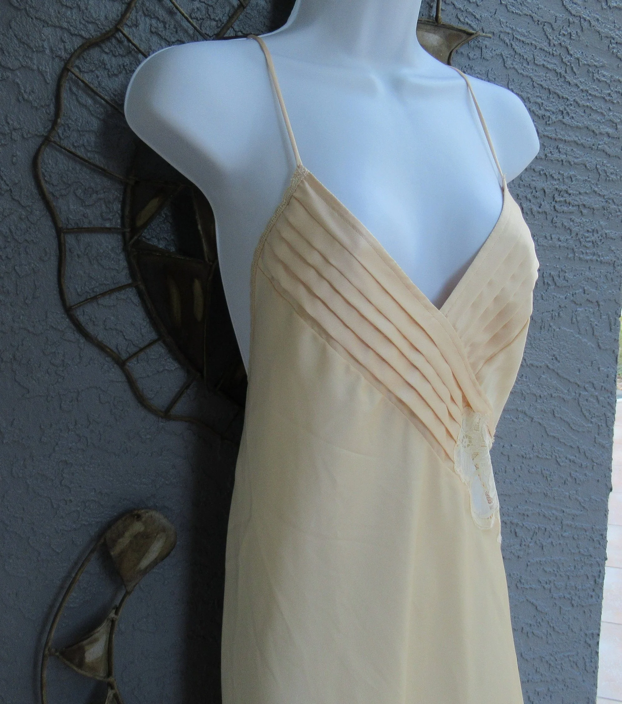 Med Long Nightgown Lily of France Rosa Puleo-Ule Deep V Front Spaghetti Strap Crisscross Low Back Beige Polyester by Lily Of France - Image 8