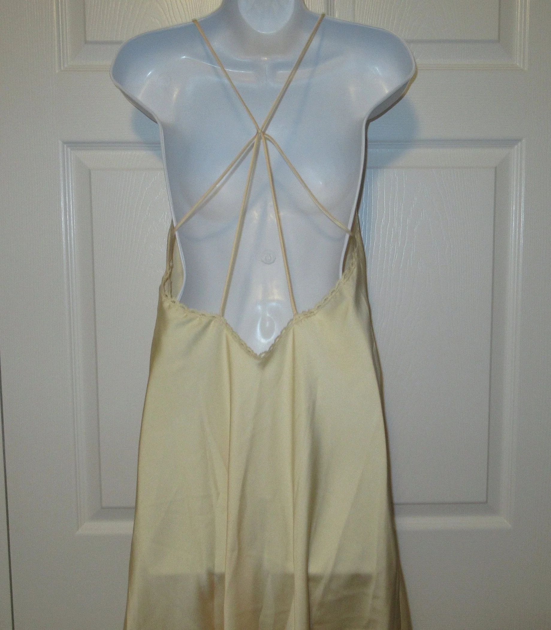 Med Long Nightgown Lily of France Rosa Puleo-Ule Deep V Front Spaghetti Strap Crisscross Low Back Beige Polyester by Lily Of France - Image 9
