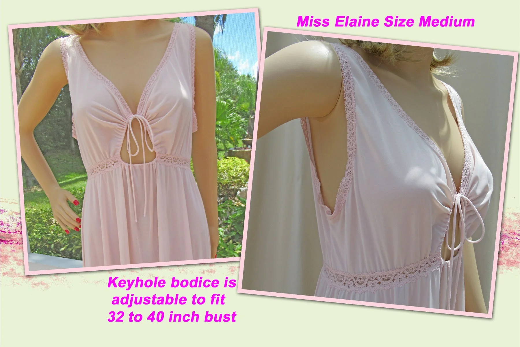 Med Miss Elaine Nightgown Pastel Pink Nylon Keyhole Bodice Figure Flattering Sexy Full Skirt Wilgwu Tag by Miss Elaine - Image 2