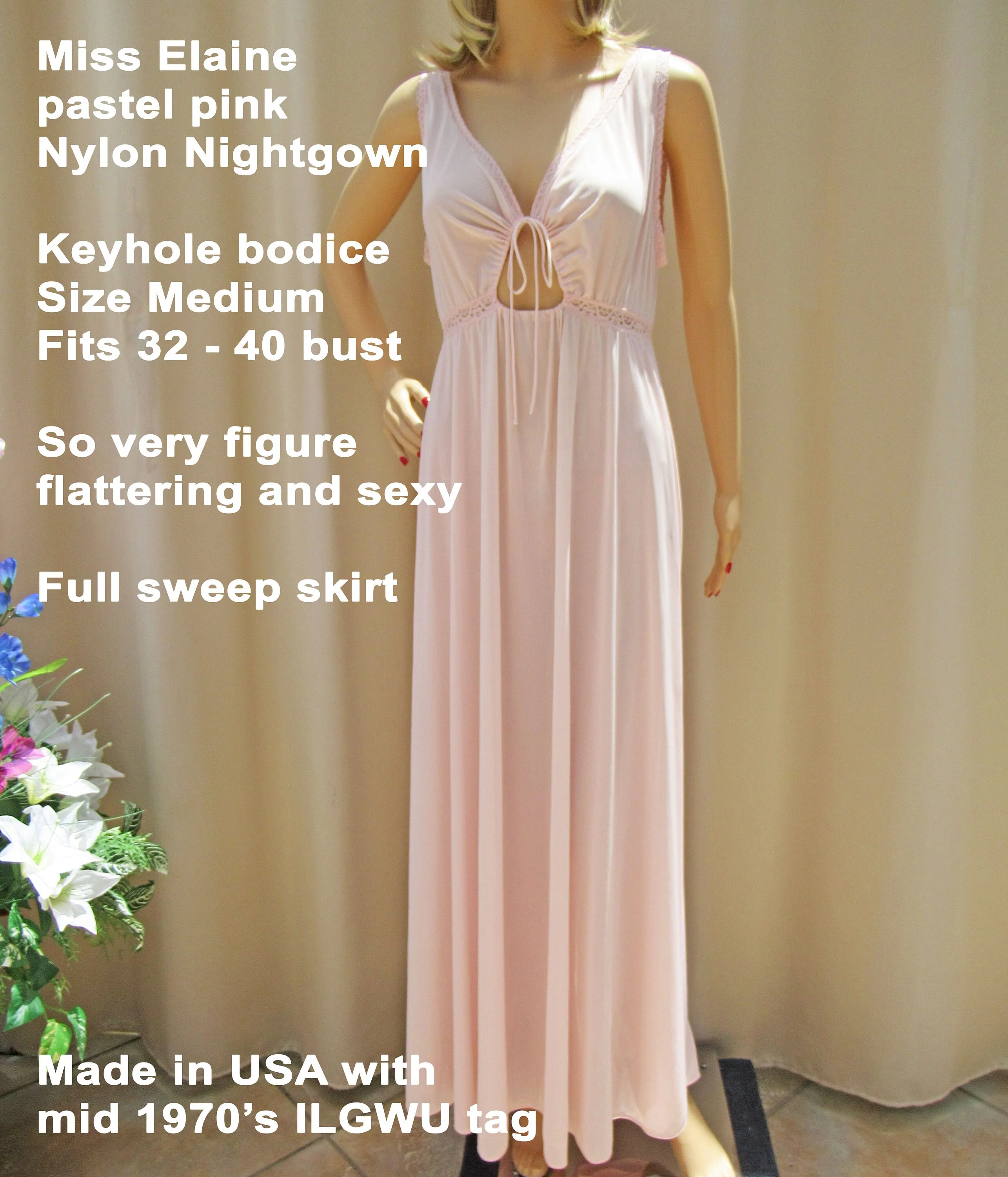 Med Miss Elaine Nightgown Pastel Pink Nylon Keyhole Bodice Figure Flattering Sexy Full Skirt Wilgwu Tag by Miss Elaine - Image 3