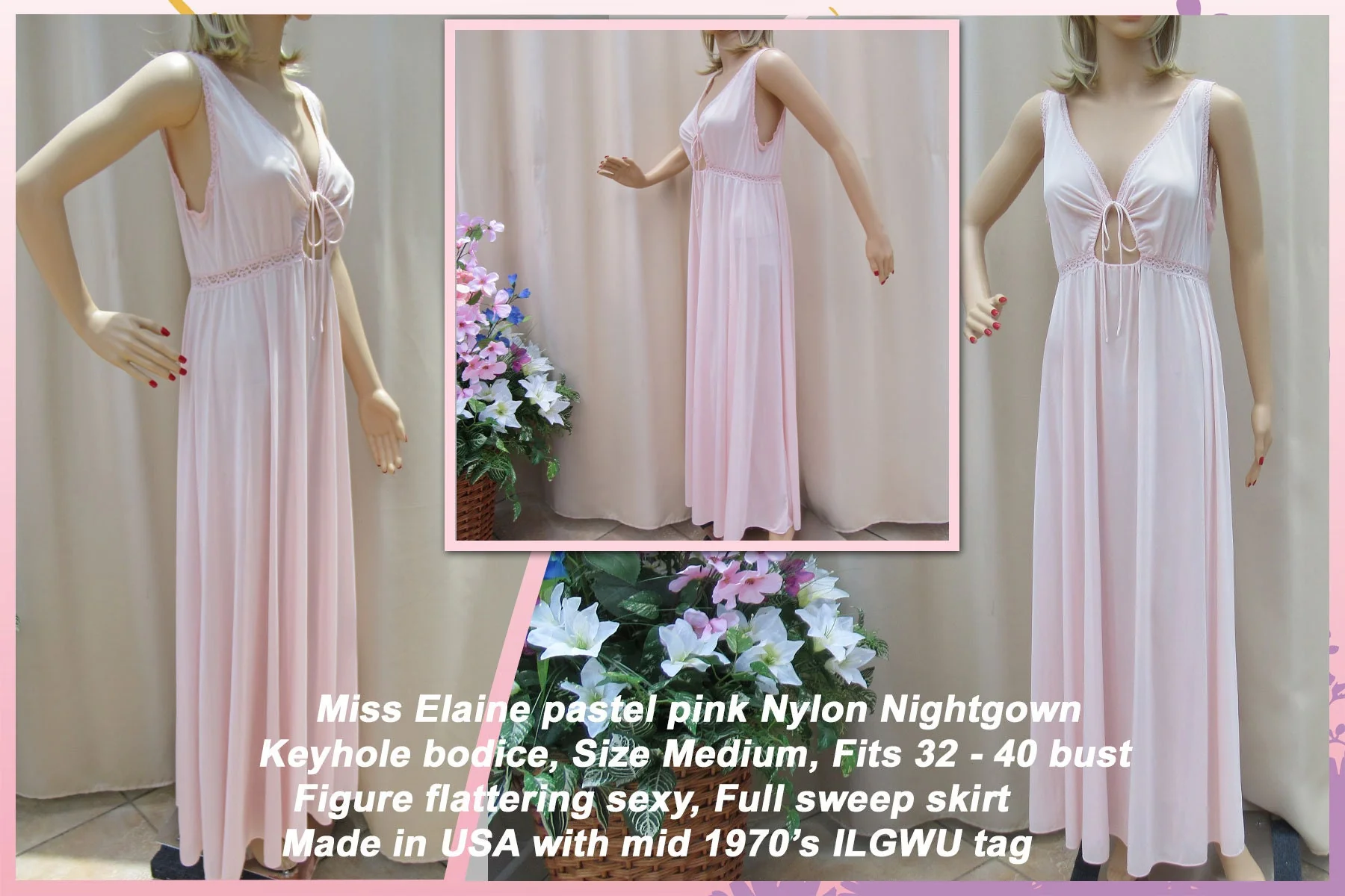 Med Miss Elaine Nightgown Pastel Pink Nylon Keyhole Bodice Figure Flattering Sexy Full Skirt Wilgwu Tag by Miss Elaine - Image 5