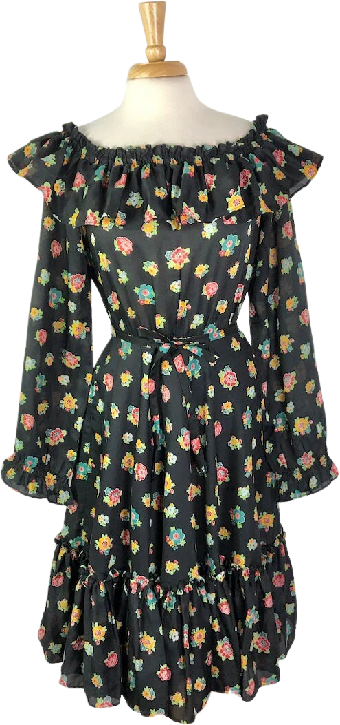 Medium To Large Vintage 70s Black Floral Off The Shoulder Peasant Dress