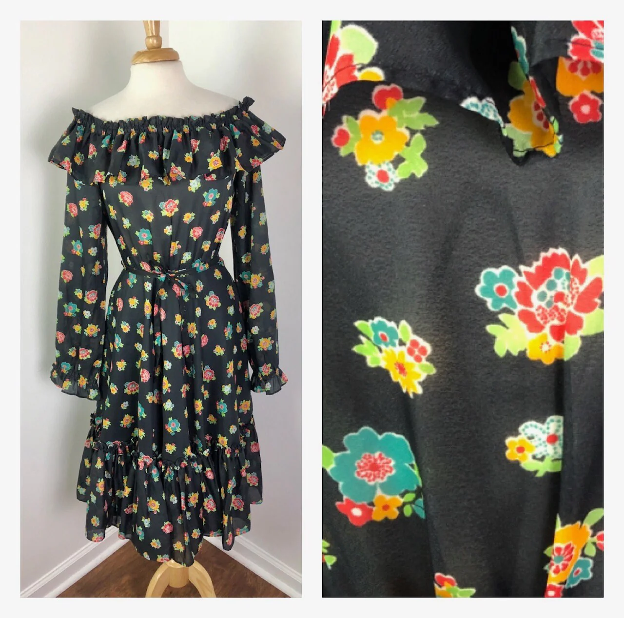 Medium To Large Vintage 70s Black Floral Off The Shoulder Peasant Dress - Image 3