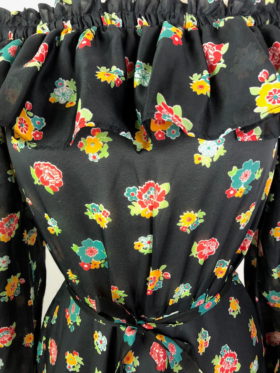 Medium To Large Vintage 70s Black Floral Off The Shoulder Peasant Dress - Image 7